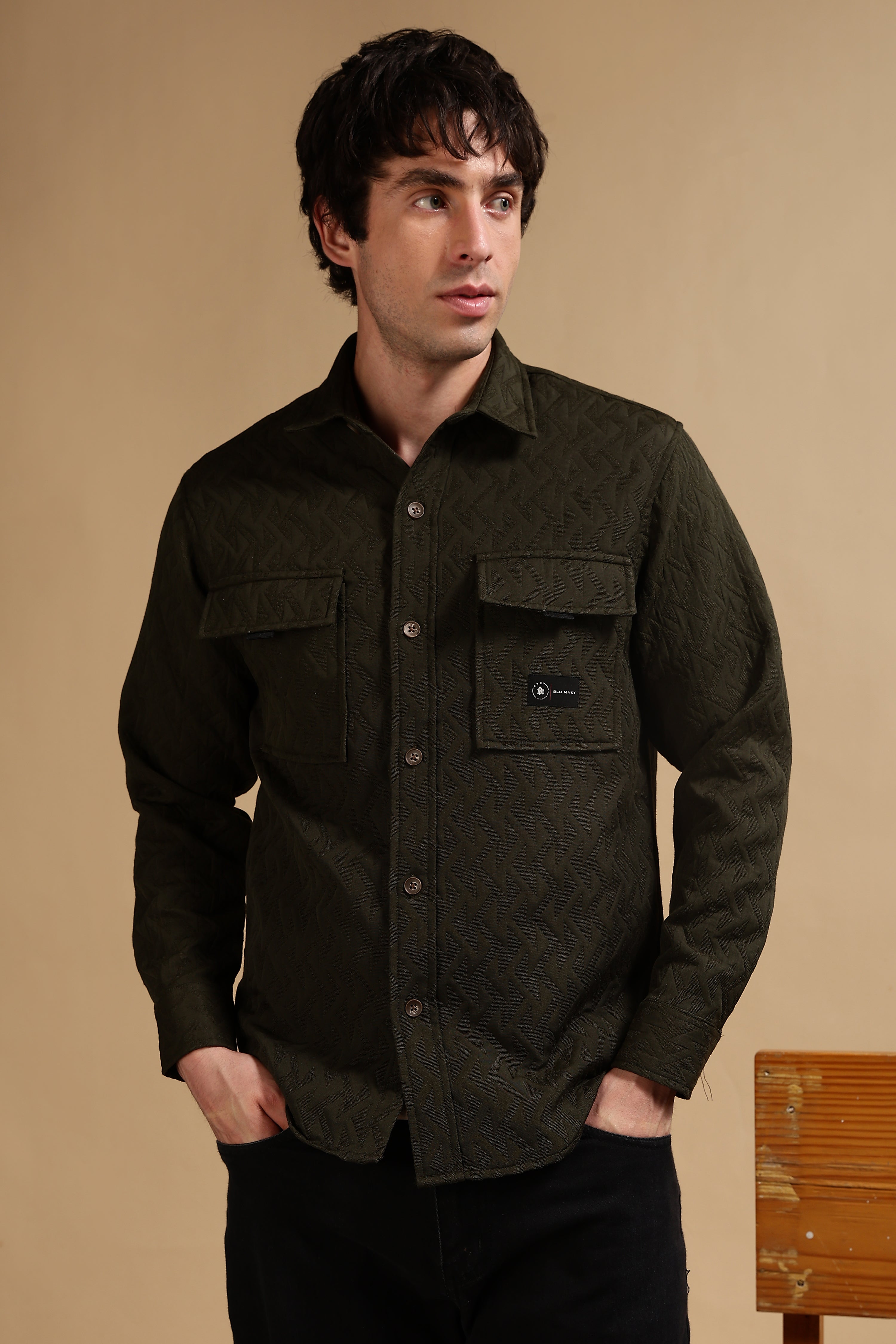 Men Olive Poly Cotton Shacket