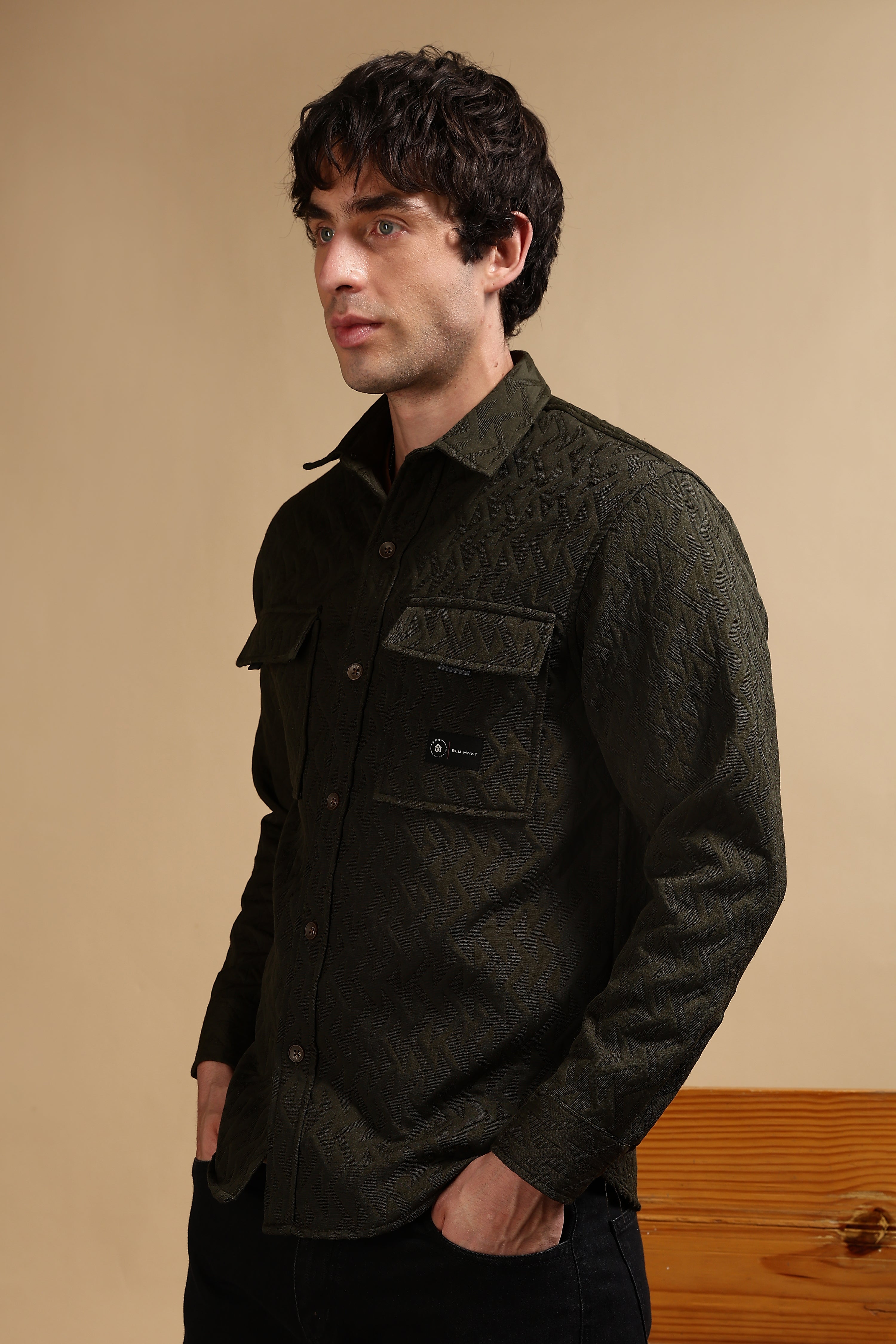 Men Olive Poly Cotton Shacket