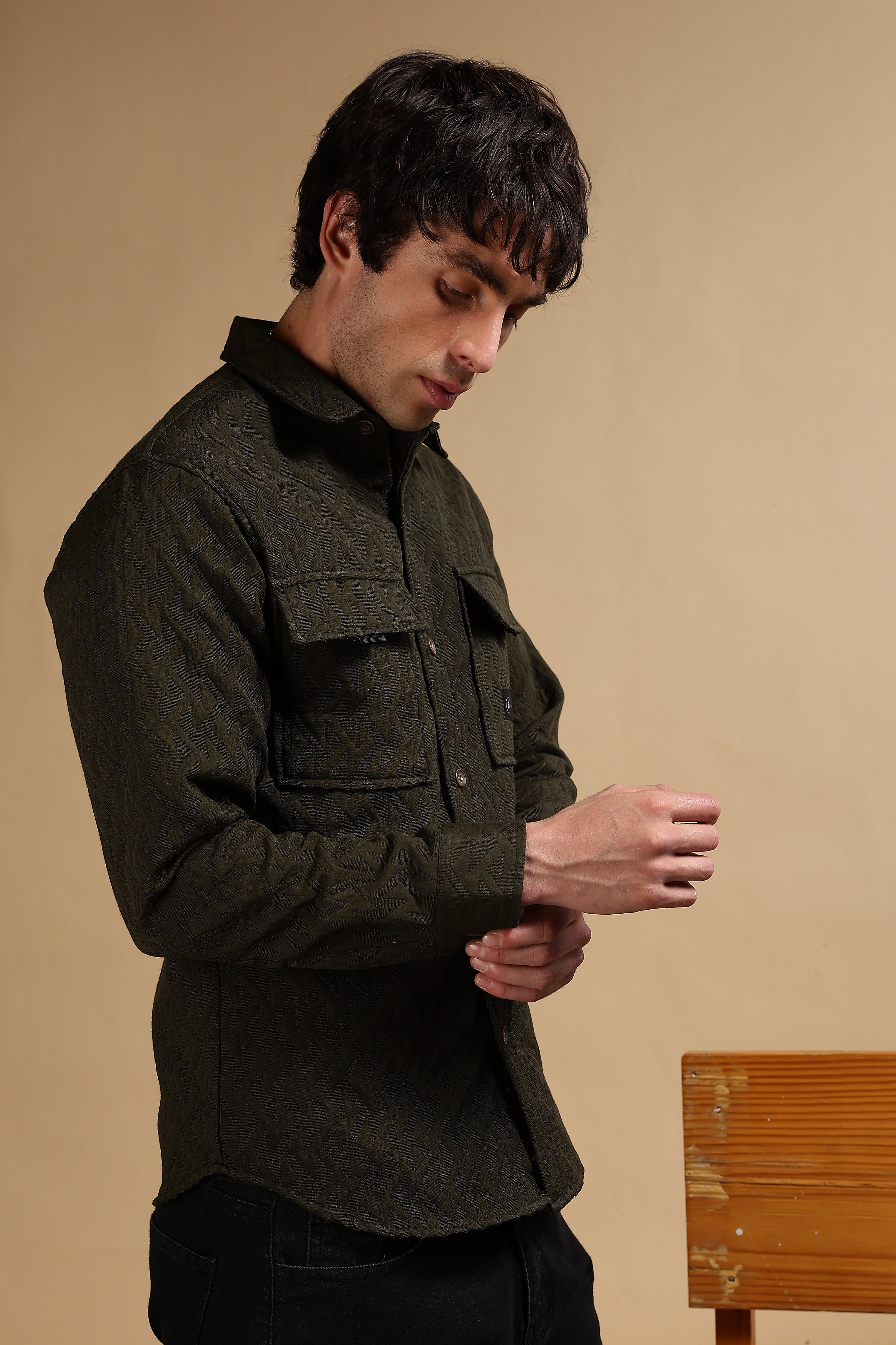Men Olive Poly Cotton Shacket
