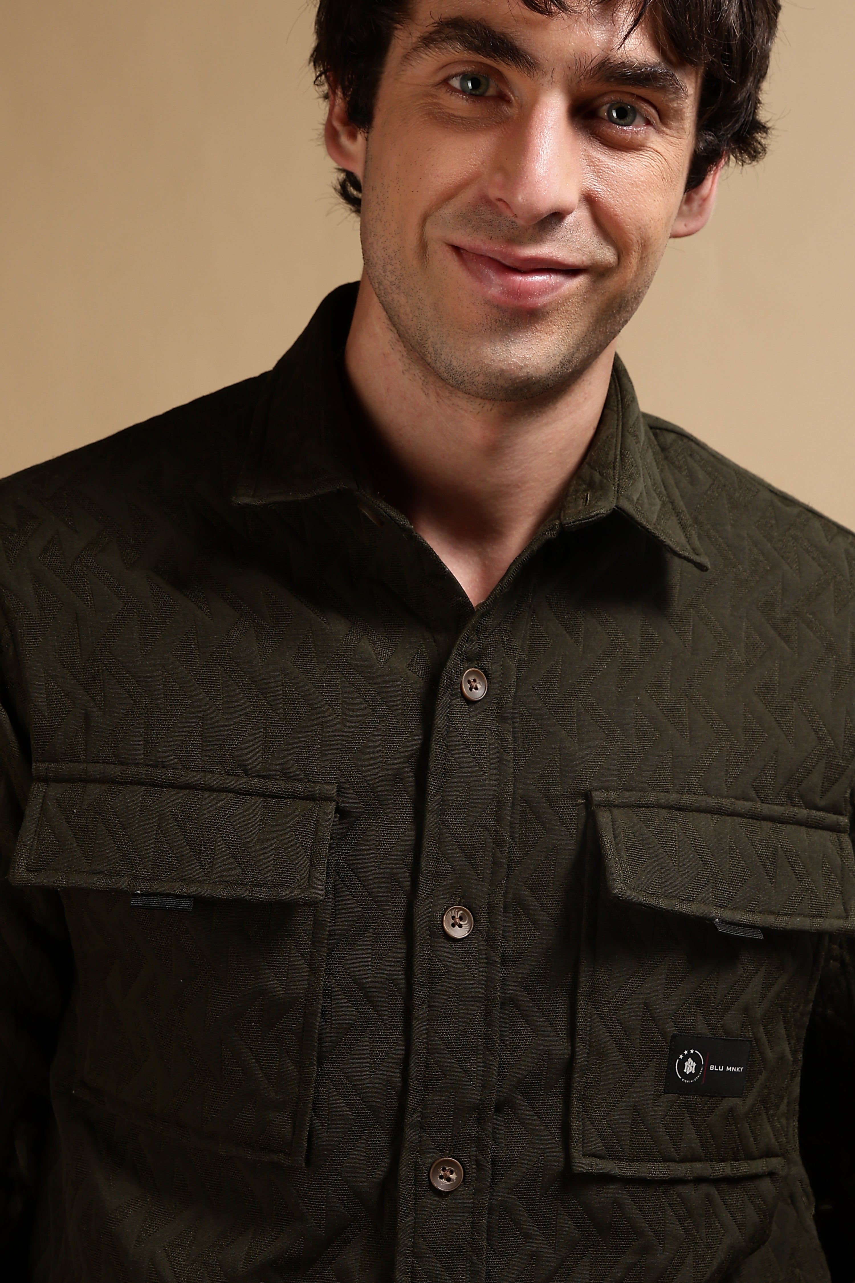 Men Olive Poly Cotton Shacket