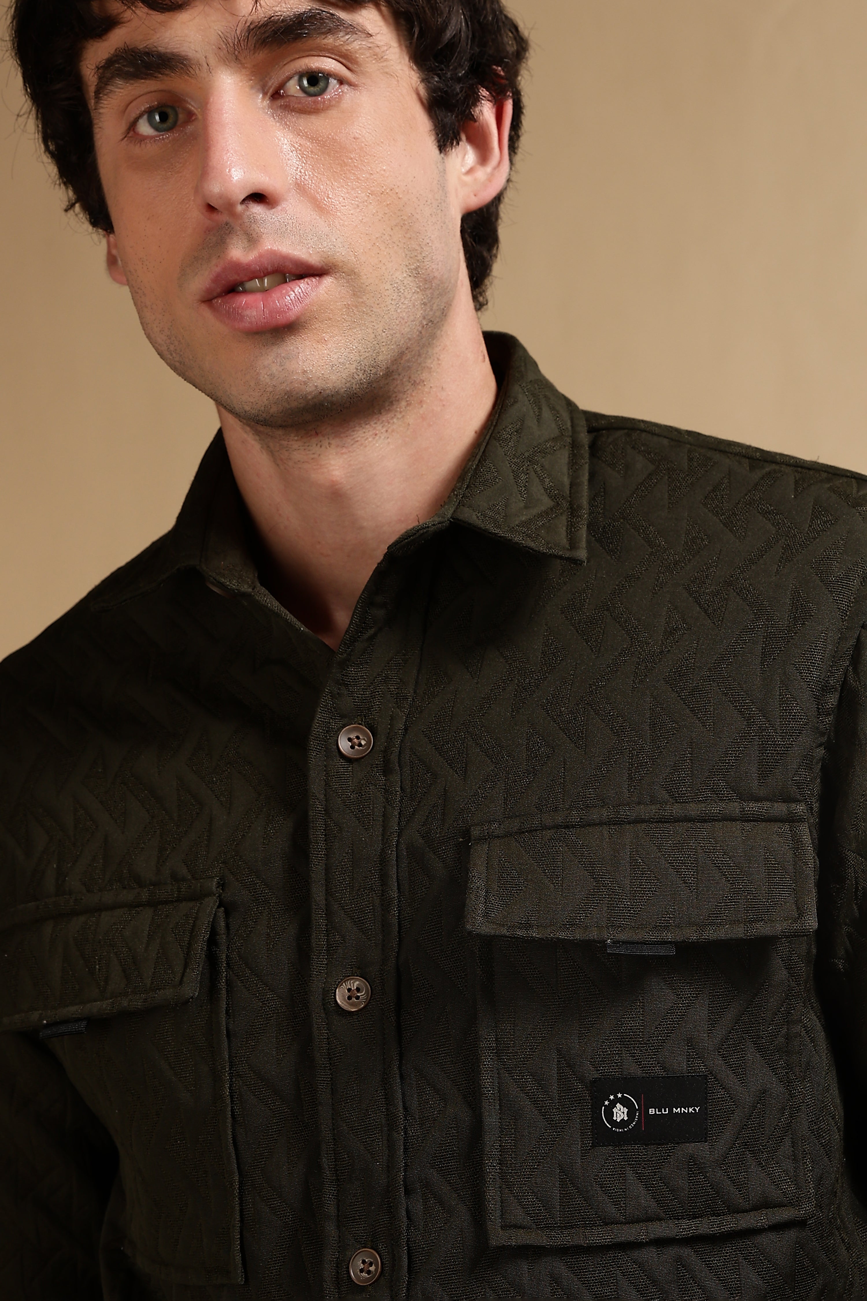 Men Olive Poly Cotton Shacket