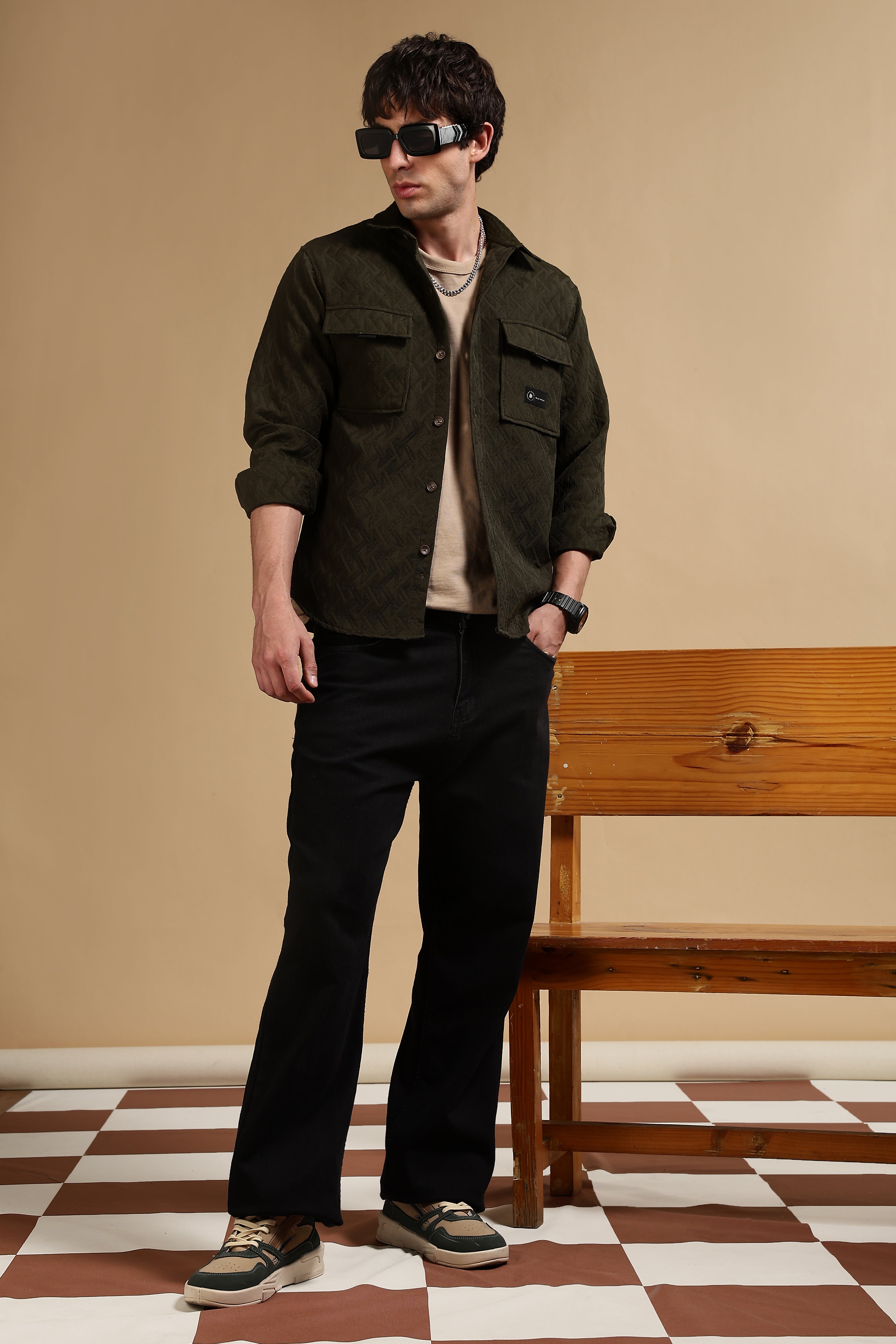 Men Olive Poly Cotton Shacket