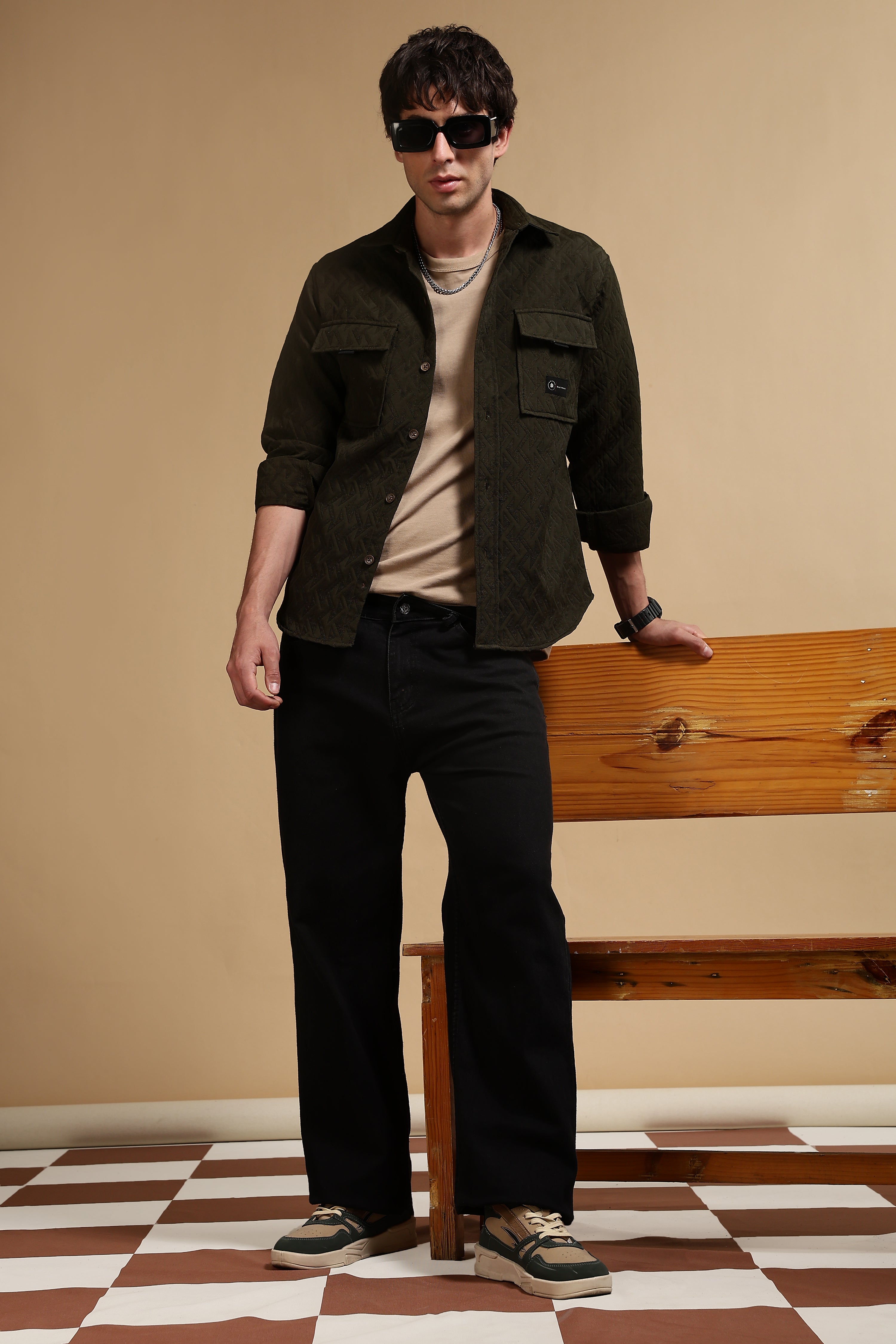 Men Olive Poly Cotton Shacket