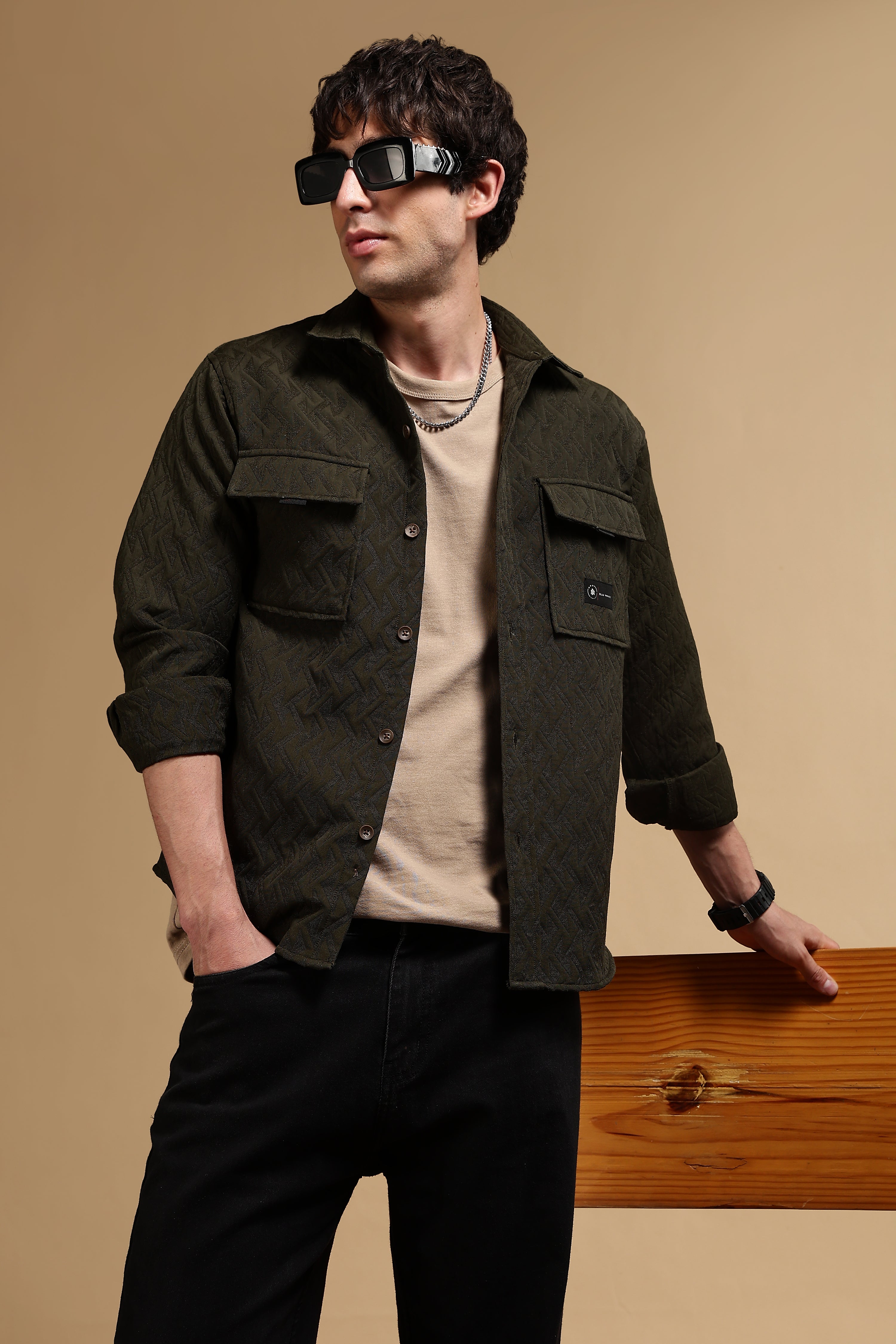Men Olive Poly Cotton Shacket