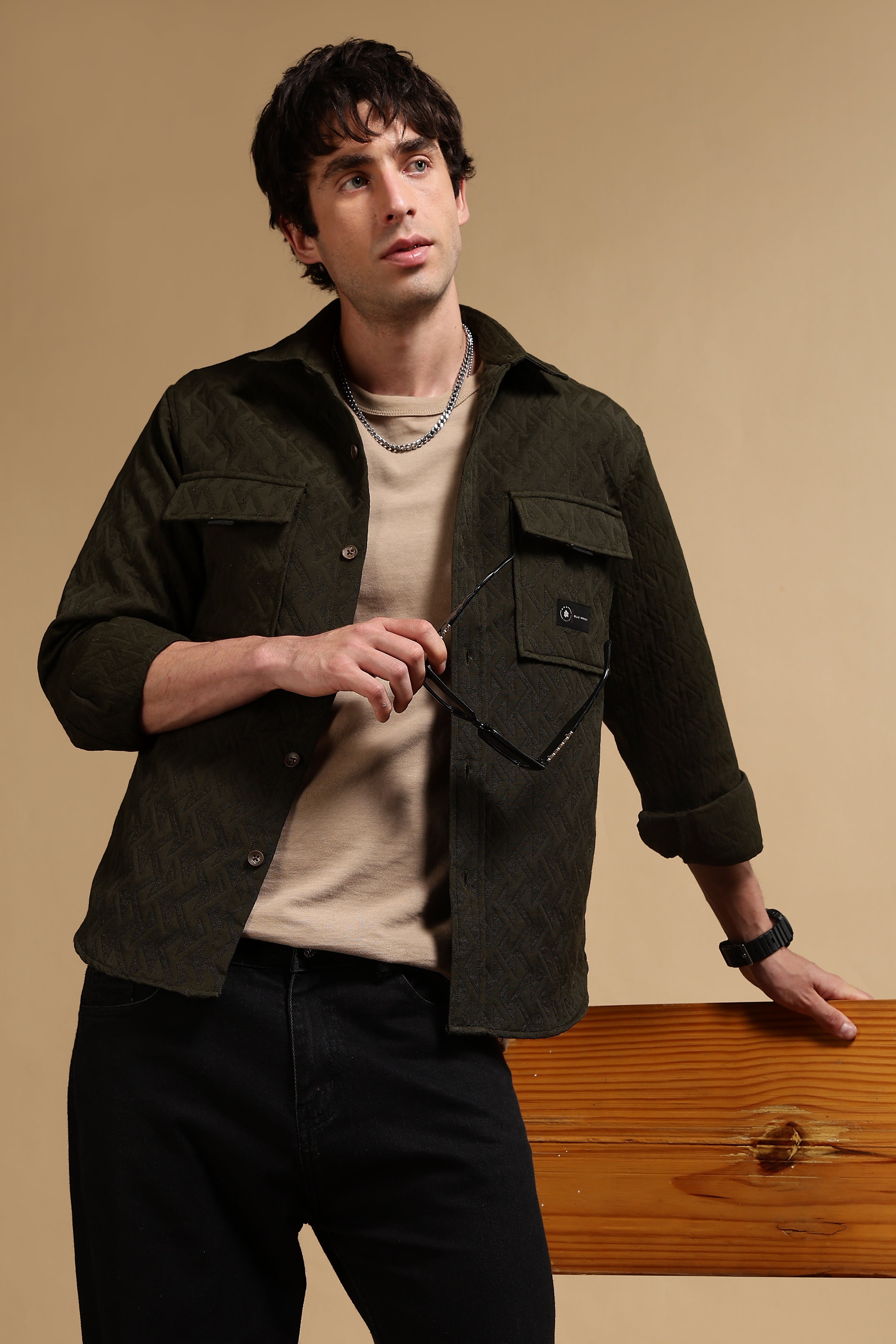 Men Olive Poly Cotton Shacket