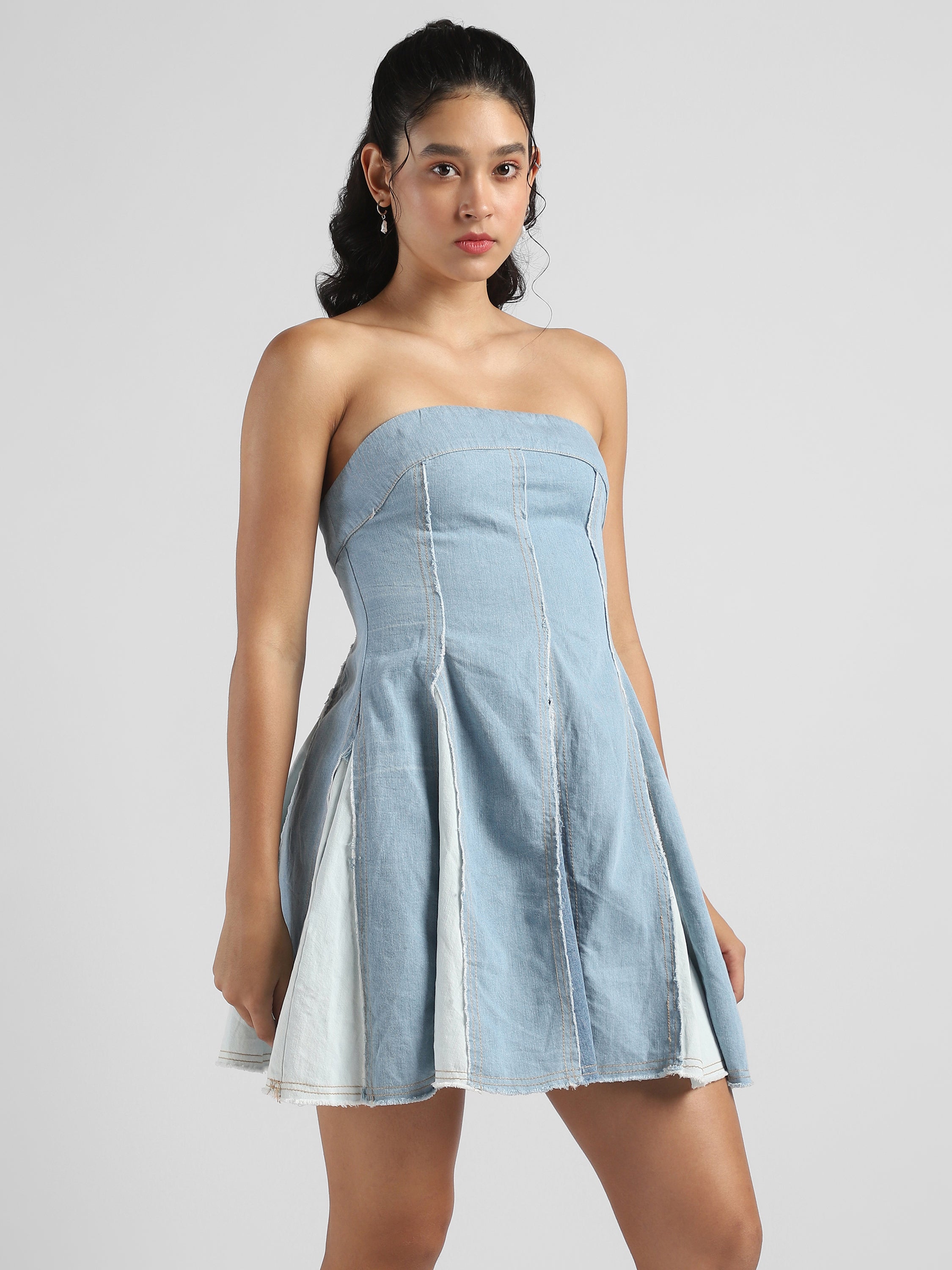 Women Blue Denim Off Shoulder Fit & Flare Dress