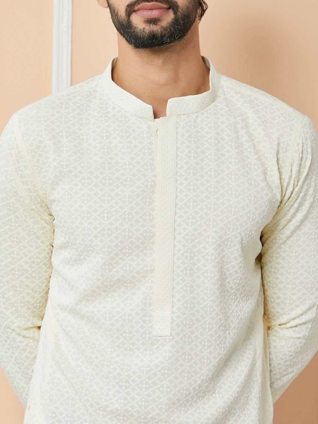 Men Cream Embroidered Chikankari Rayon Straight Kurta