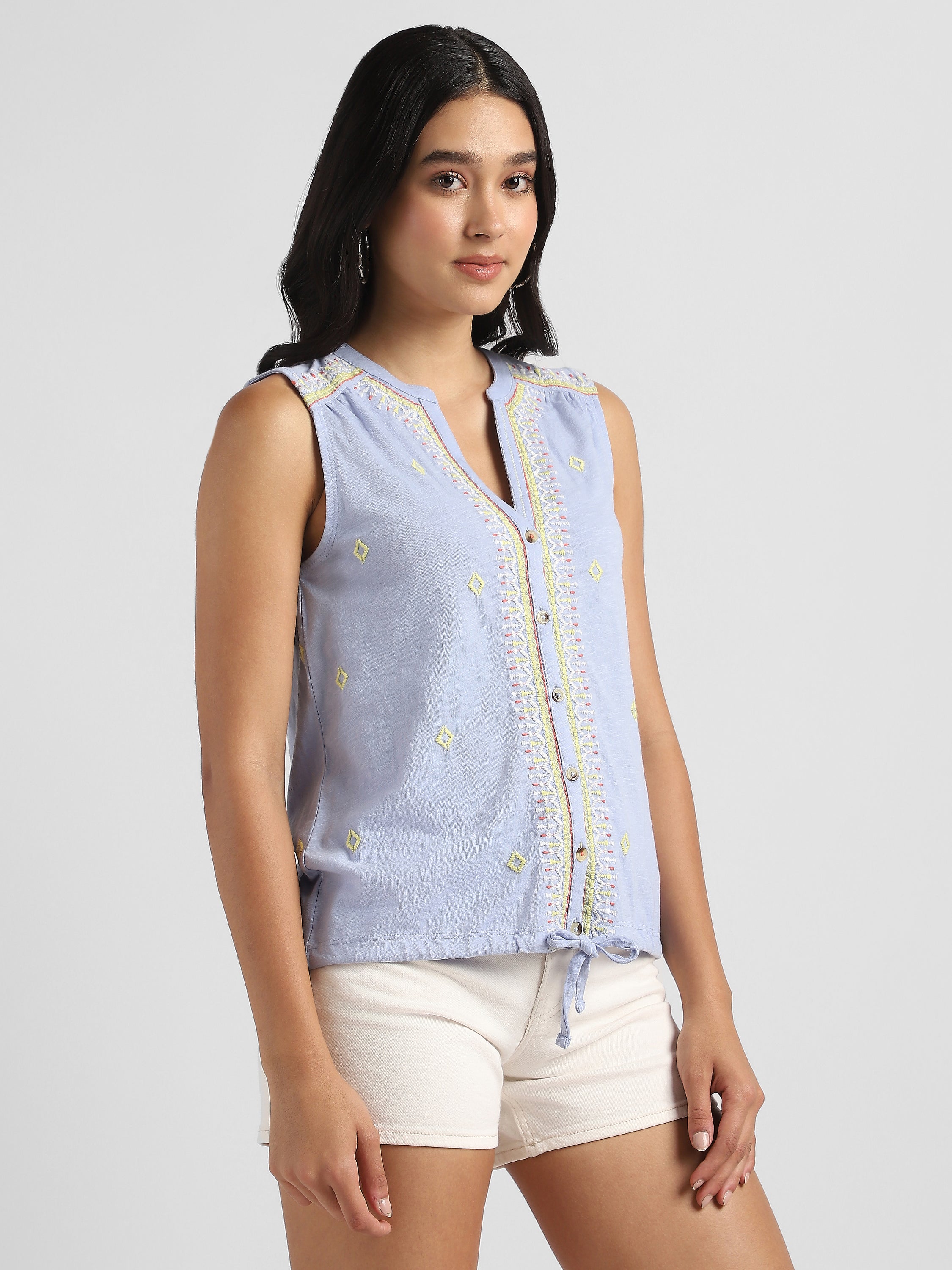Women Blue Embroidered Top with front tie