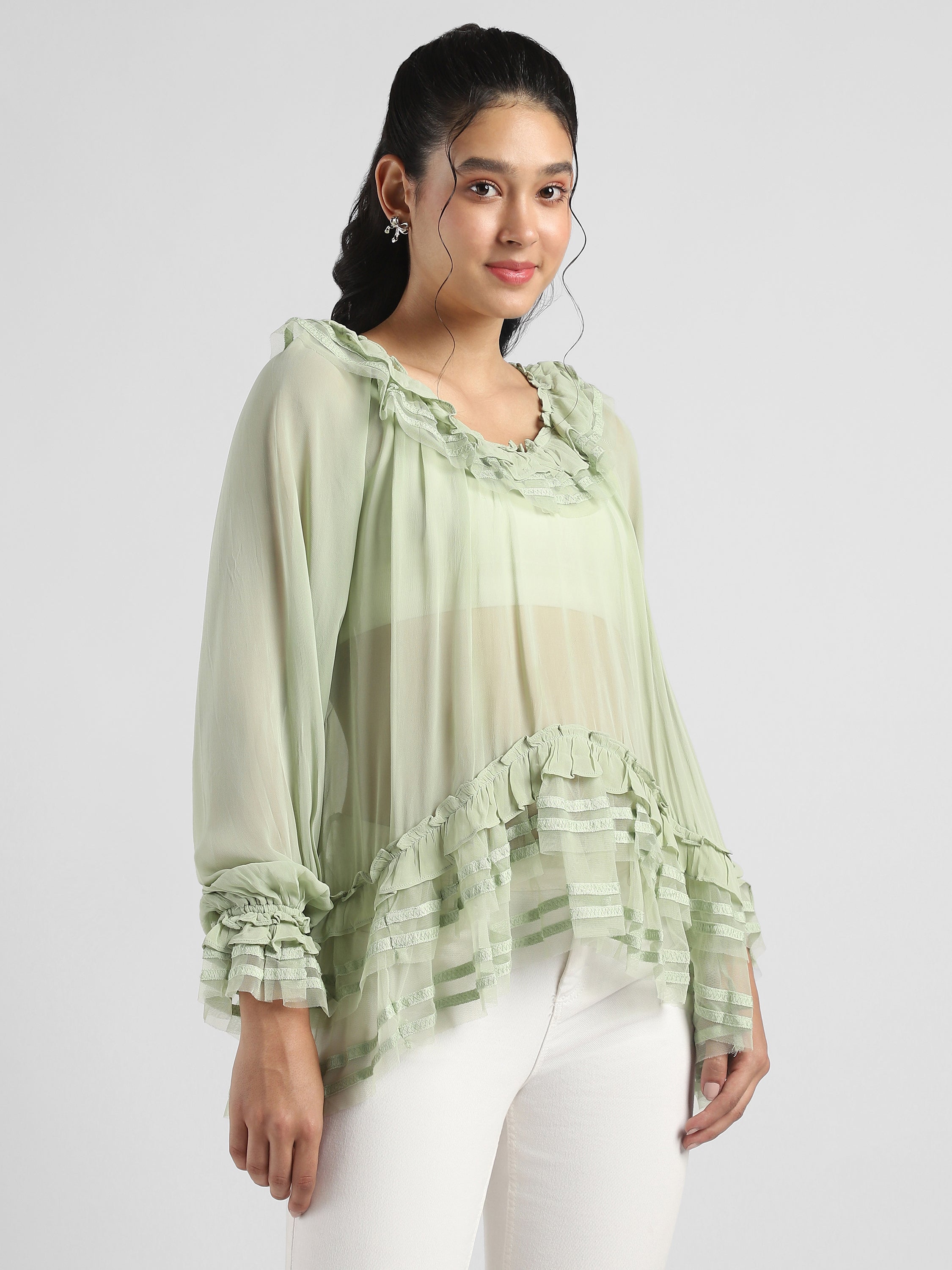 Women Green Frilled high low hem top