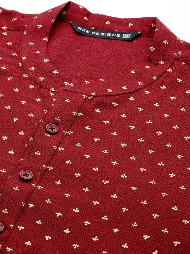 Men Maroon & Gold Printed Straight Kurta