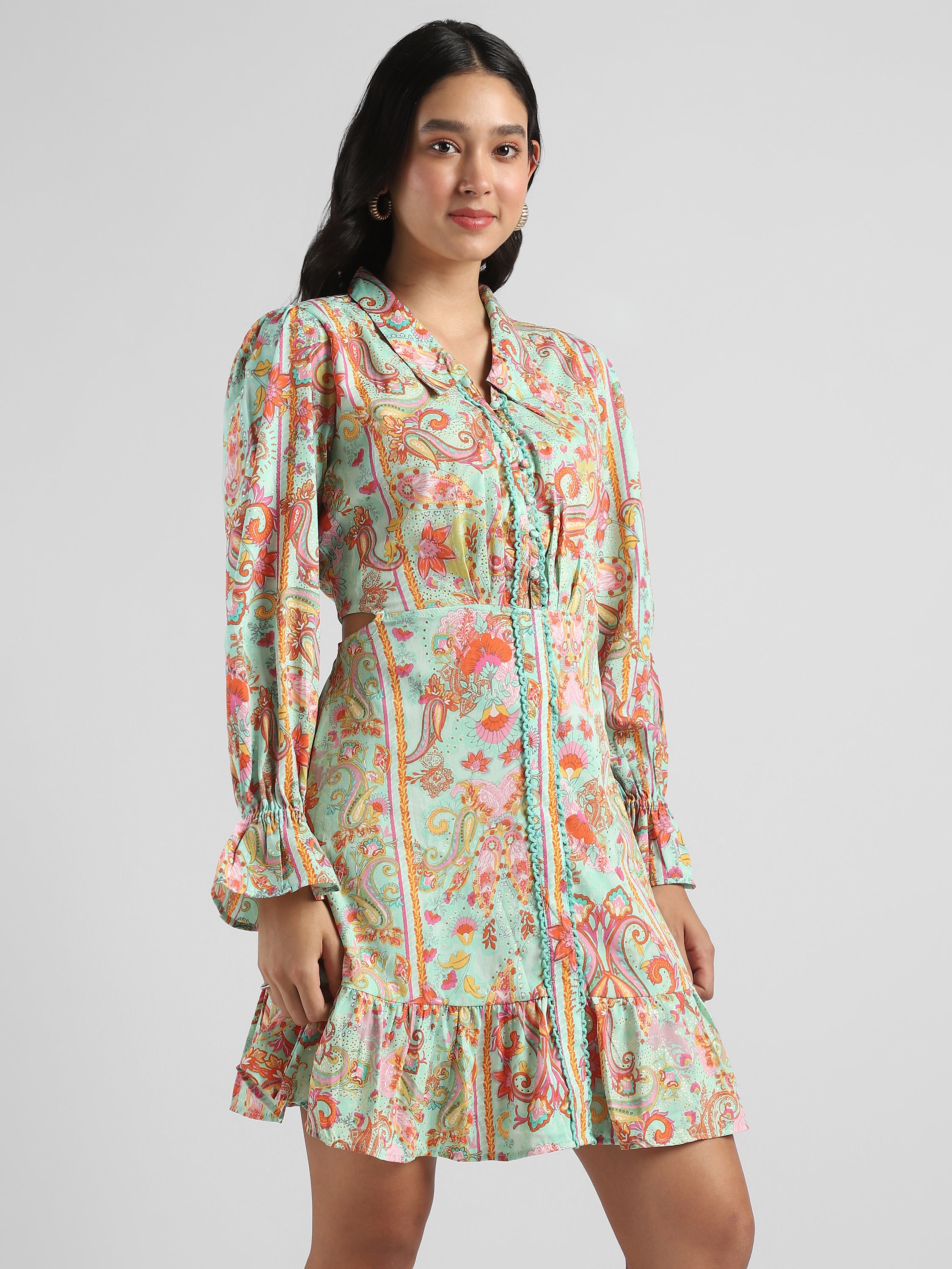 Women Pistachio Green Printed Fit & Flare dress with waist cut out