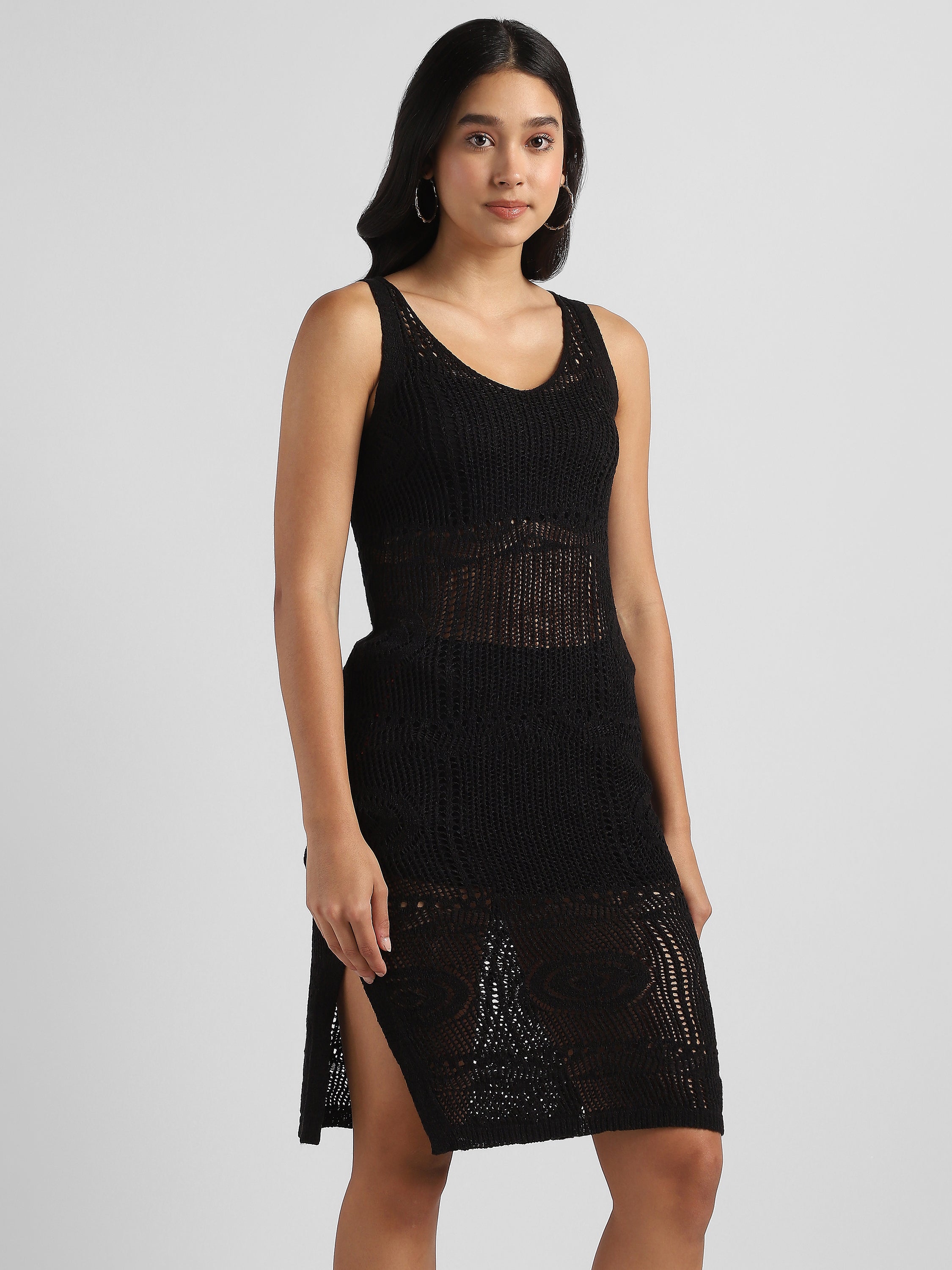 Women Black Crochet Bodycon Dress