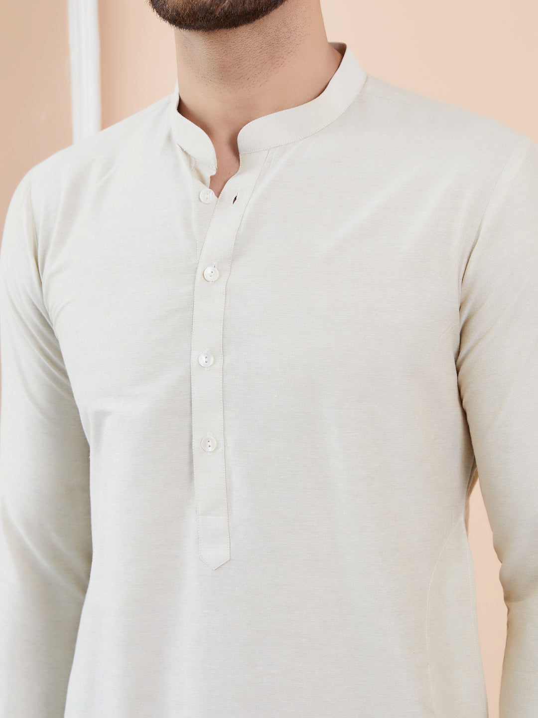Men Cream Cotton Solid Straight Kurta