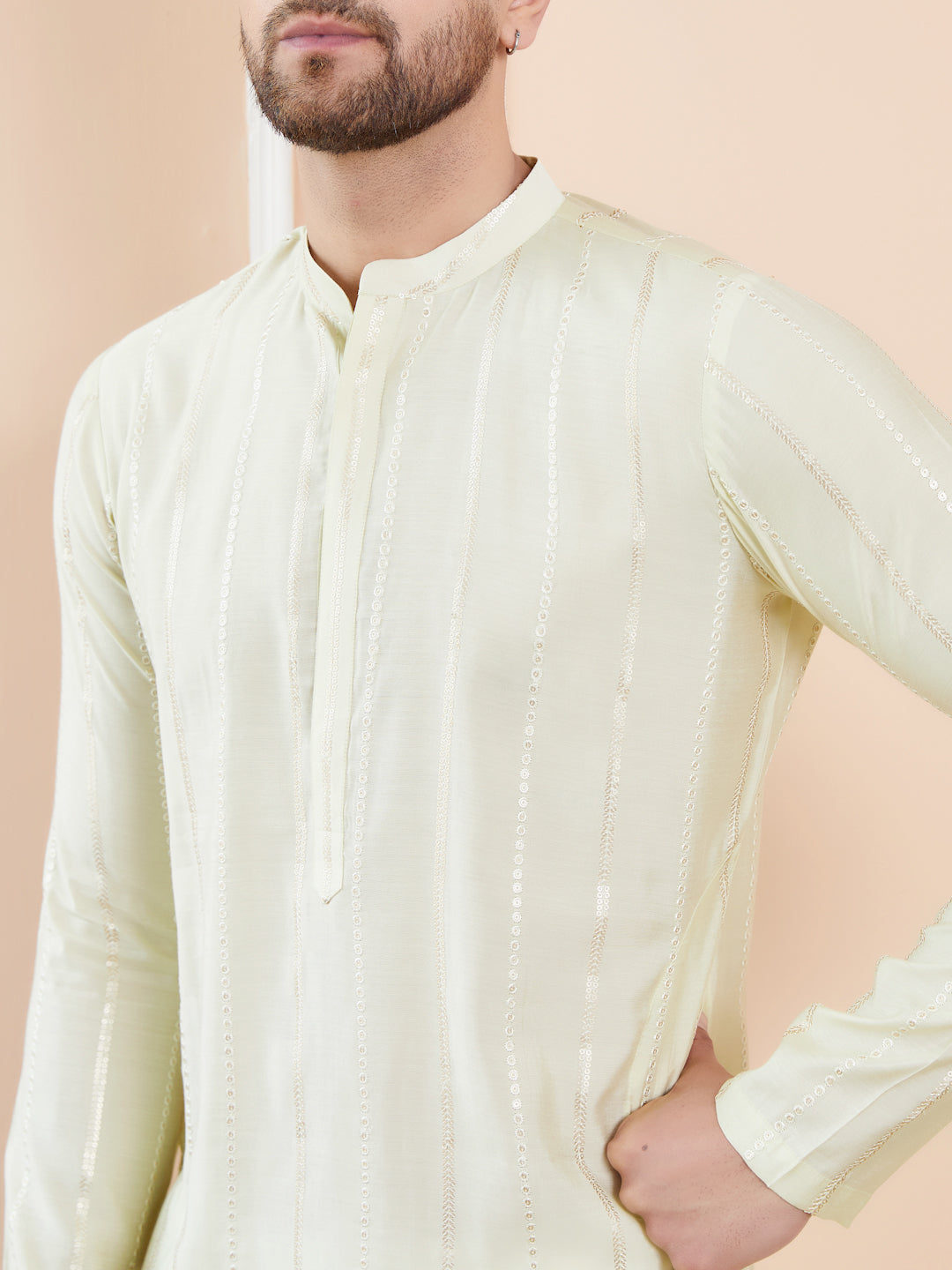 Men Cream And Gold Chanderi Silk Sequins Kurta