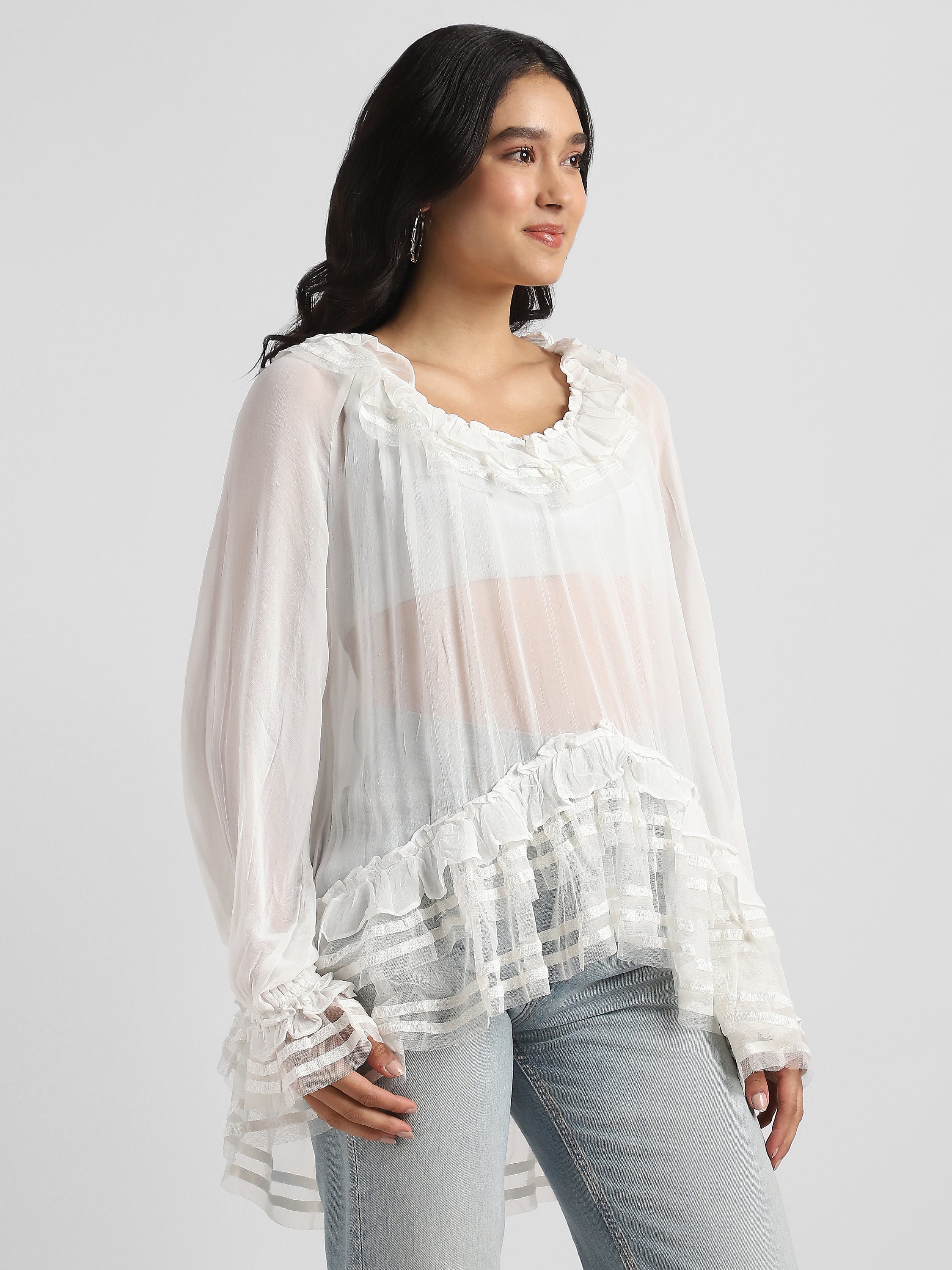 Women White Frilled high low hem top