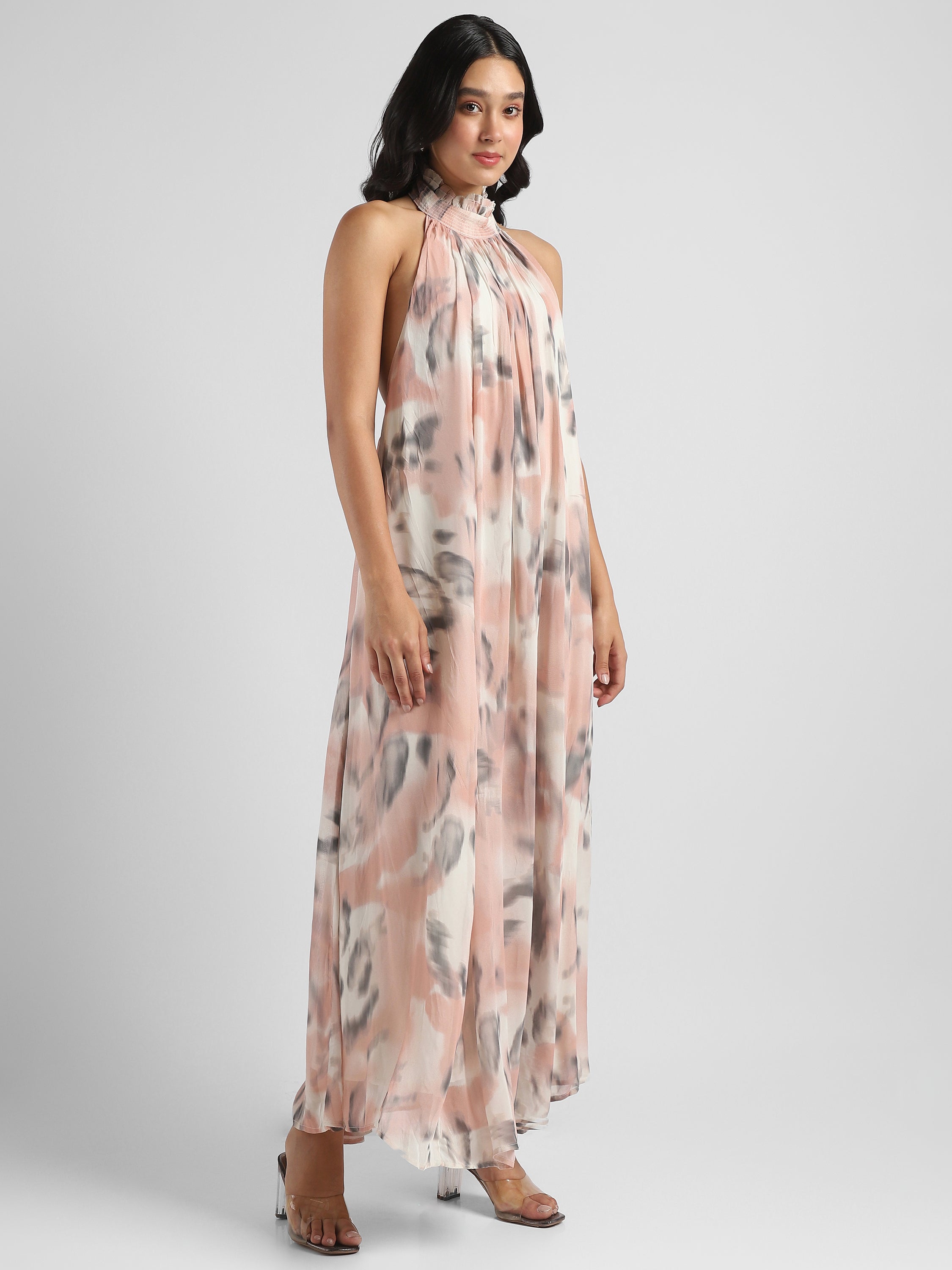 Women printed Backless maxi Flared dress