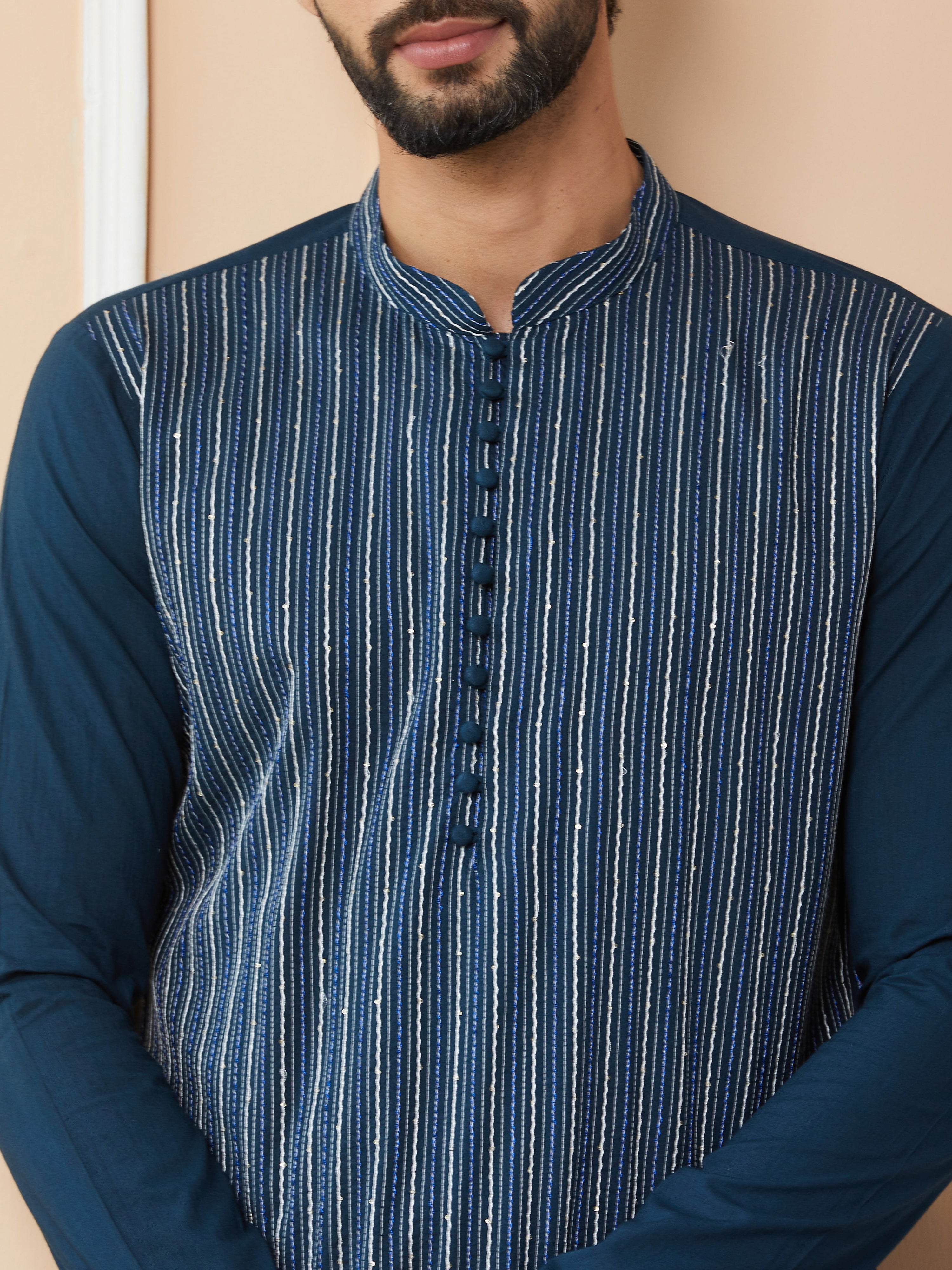 Men Dark Blue Thread & Sequin Worked Pure Cotton Straight Kurta