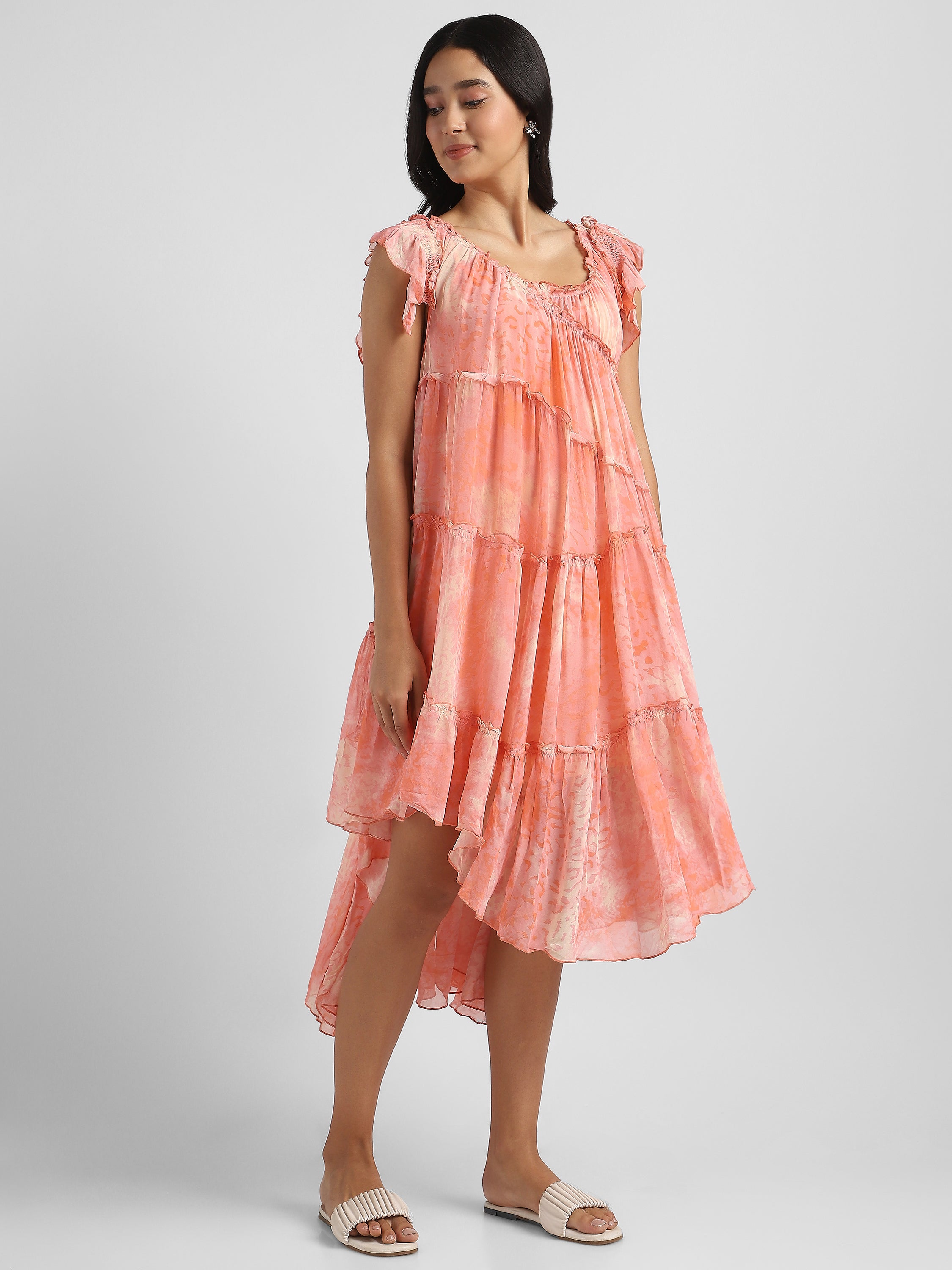 Women Pink Printed high low frilled dress