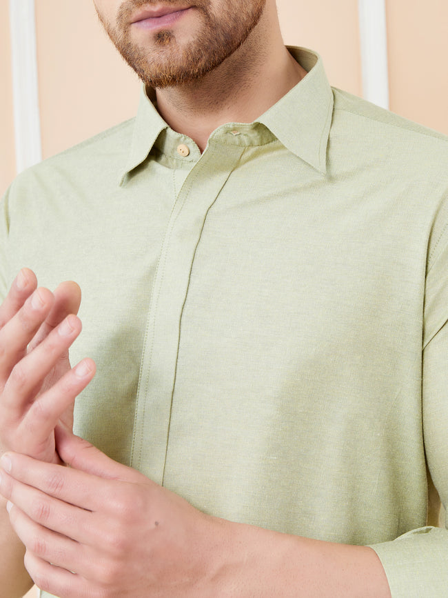 Men Green Cotton Solid Pathani Kurta