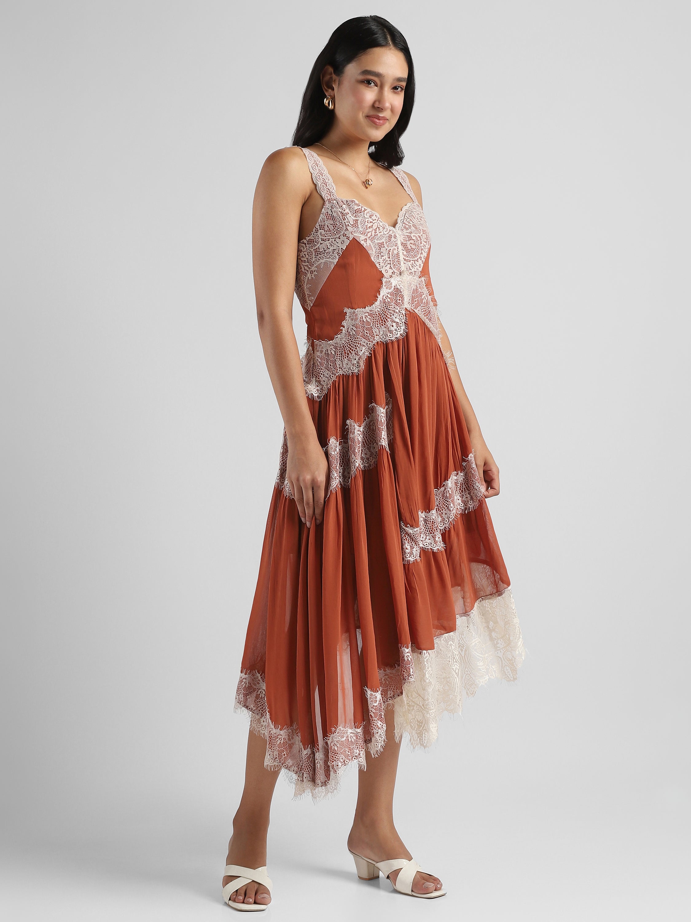 Women Brown high low hem dress with lace inserts