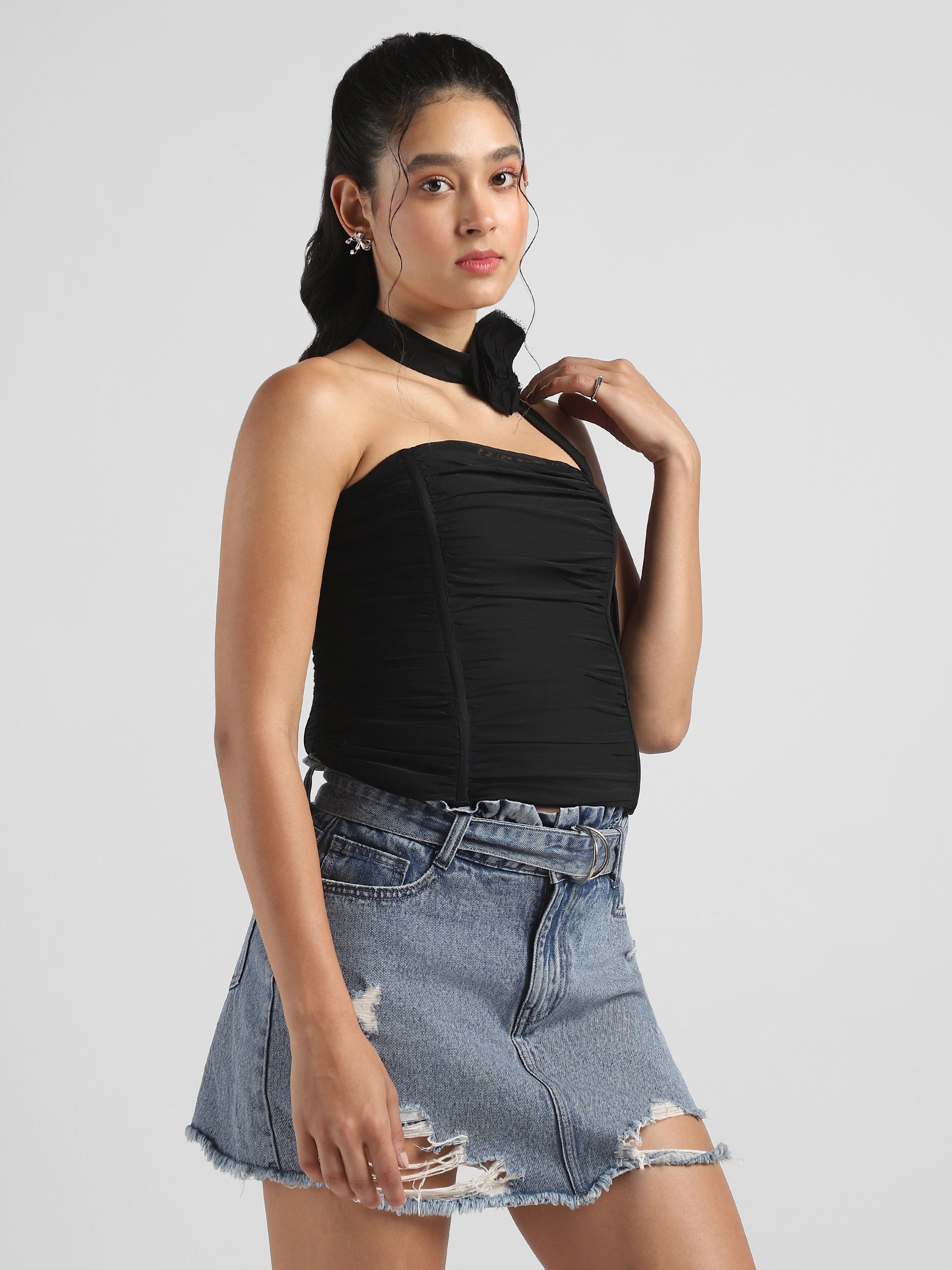 Women Black Corset top with neck tie flower