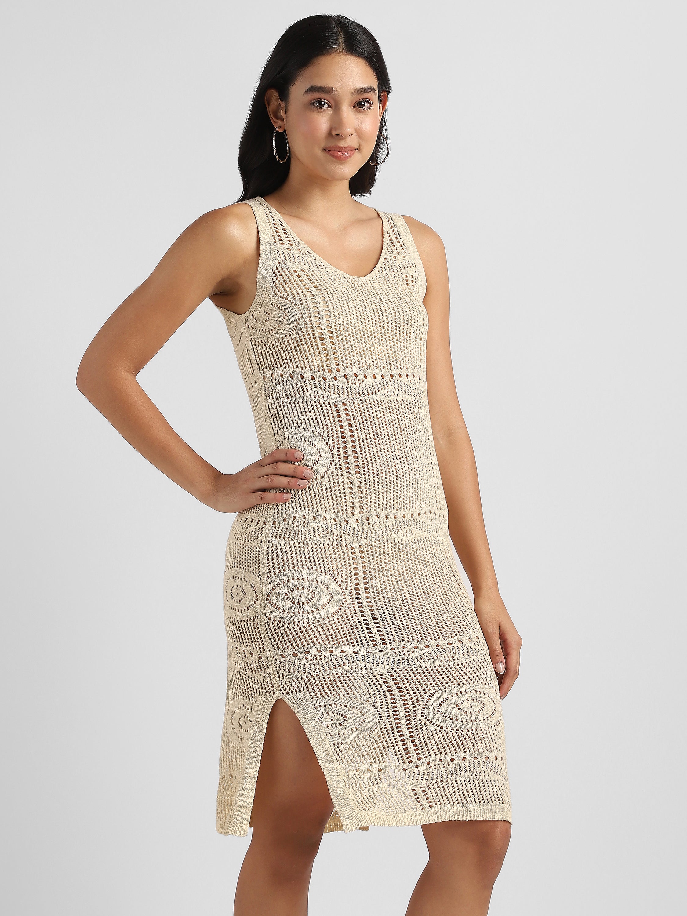 Women Beige Crochet Bodycon Dress
