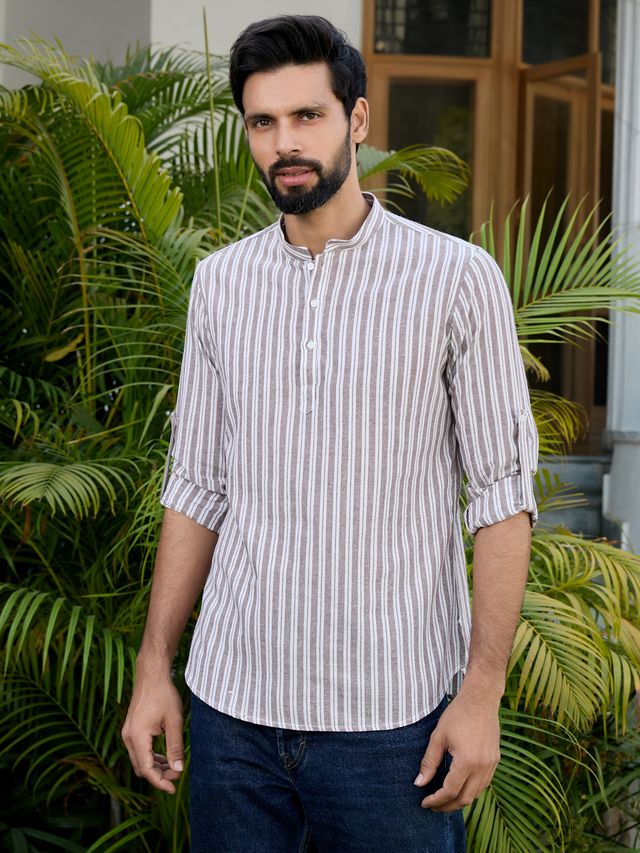 Men Brown Woven Striped Cotton Short Kurta