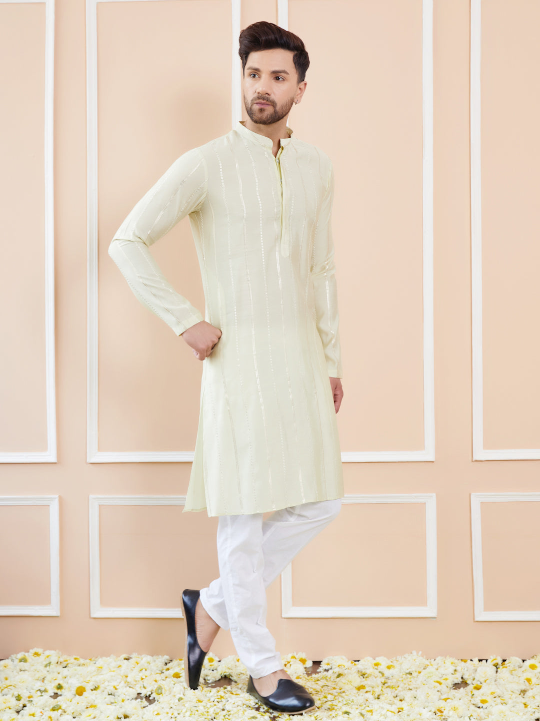Men Cream And Gold Chanderi Silk Sequins Kurta