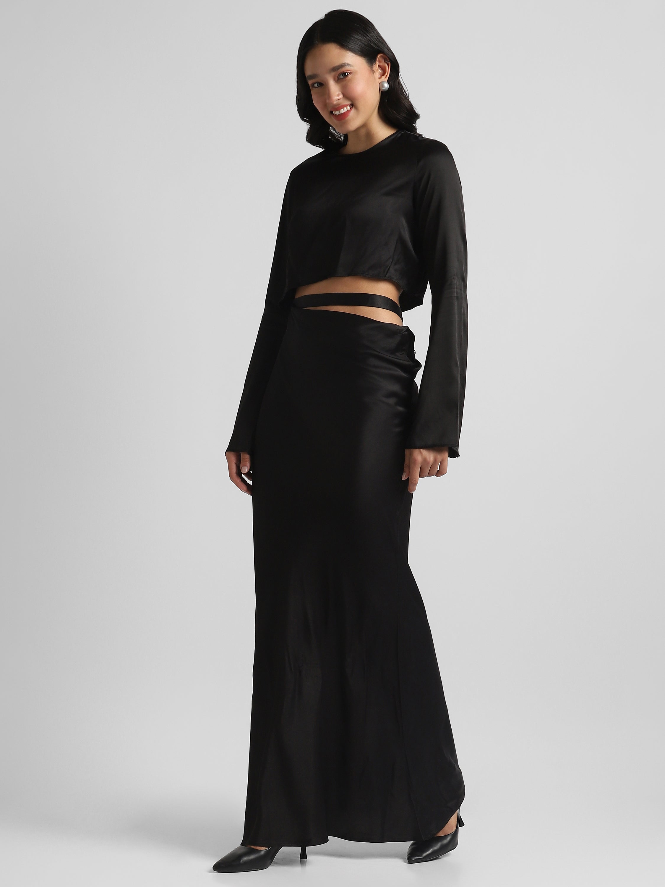 Women Black Maxi Dress with waist cut out