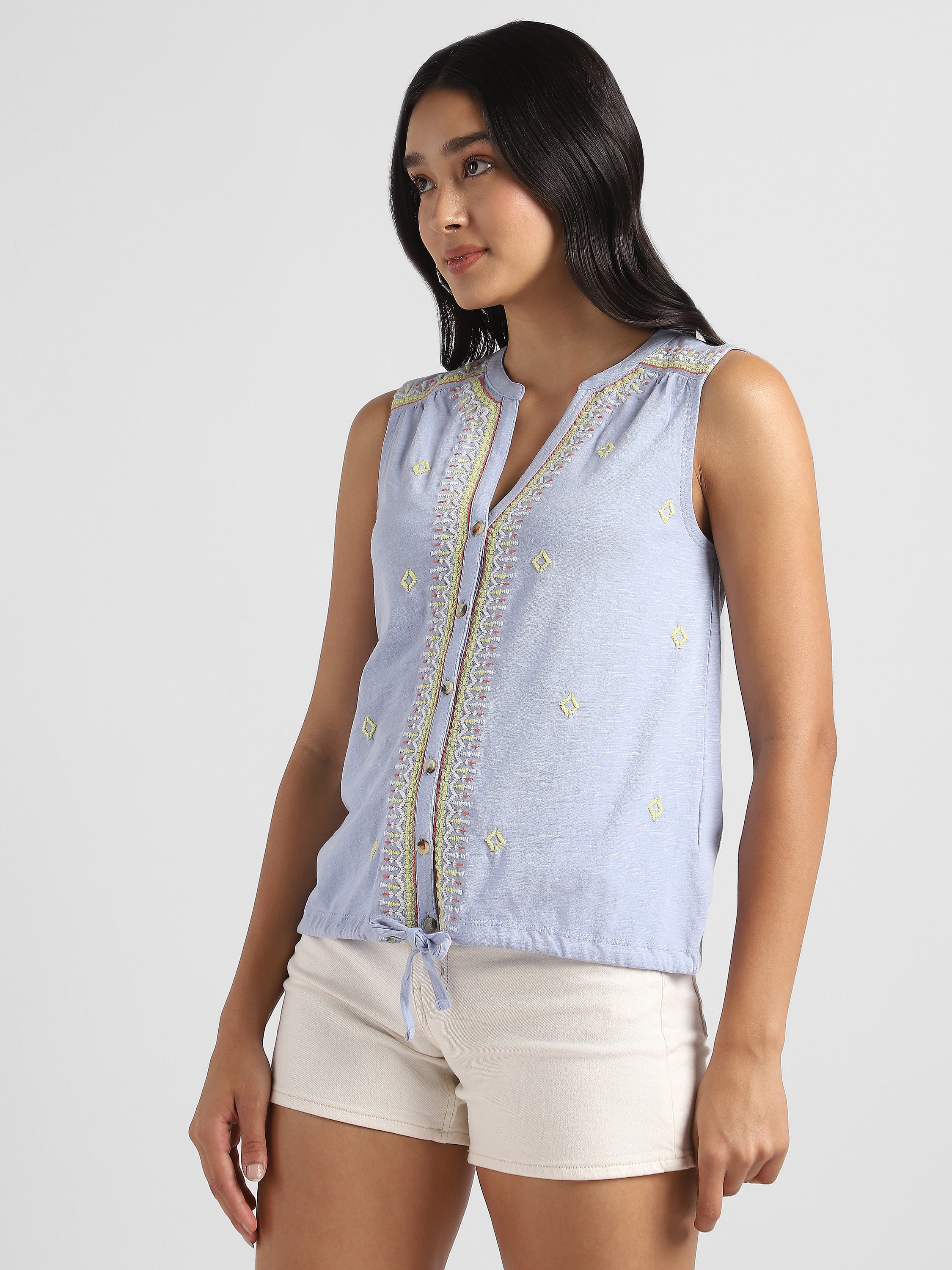 Women Blue Embroidered Top with front tie