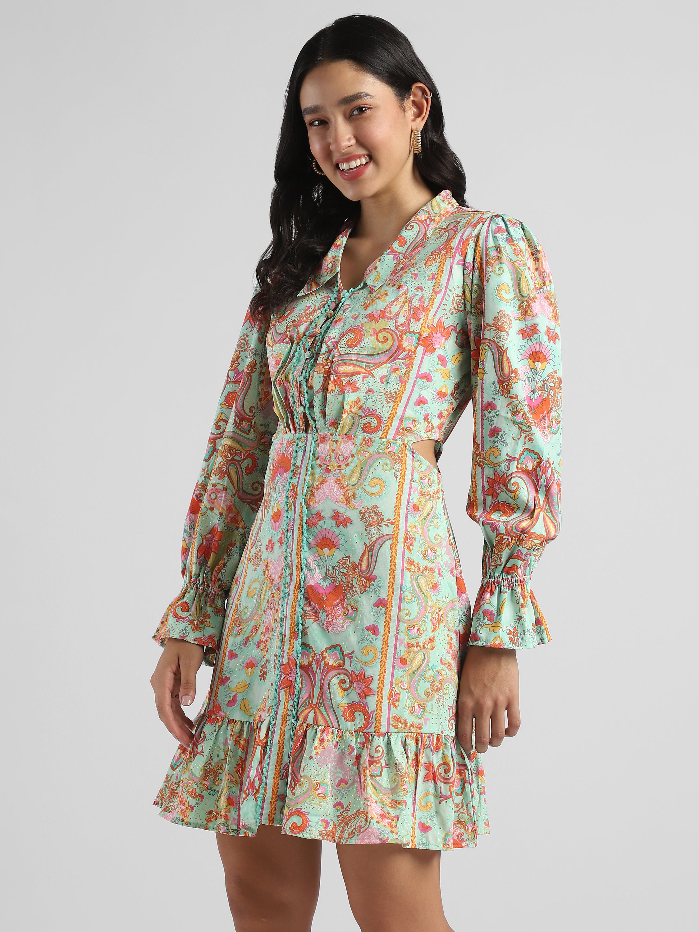 Women Pistachio Green Printed Fit & Flare dress with waist cut out