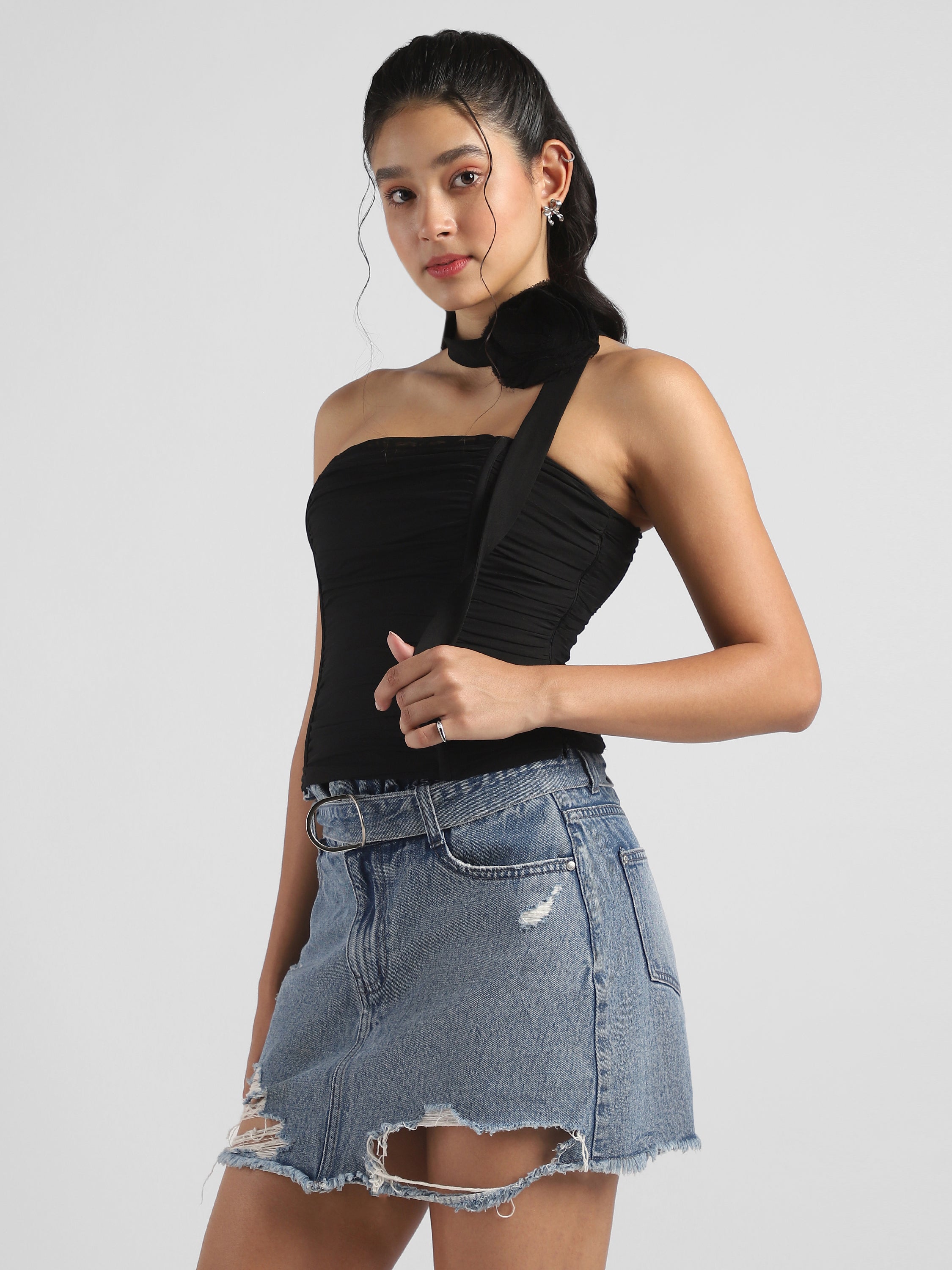 Women Black Corset top with neck tie flower