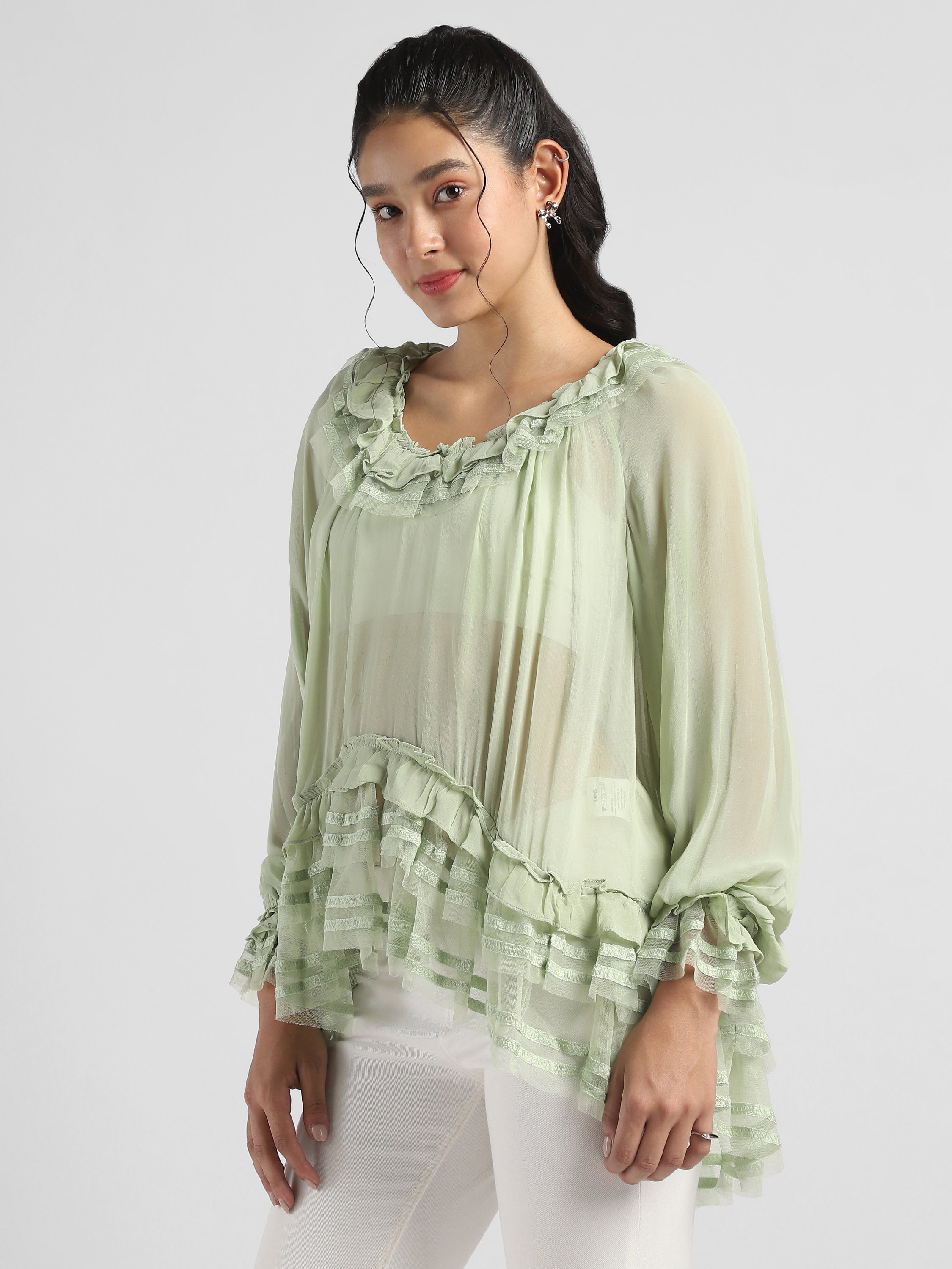 Women Green Frilled high low hem top