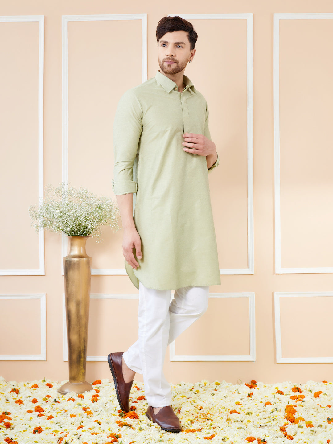 Men Green Cotton Solid Pathani Kurta