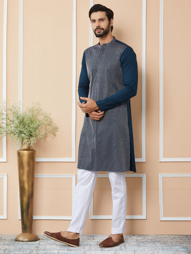 Men Dark Blue Thread & Sequin Worked Pure Cotton Straight Kurta