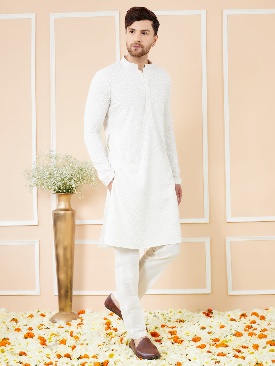 Men  White Embroidered Sequined Rayon Kurta