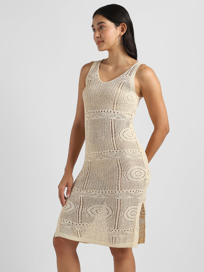 Women Beige Crochet Bodycon Dress