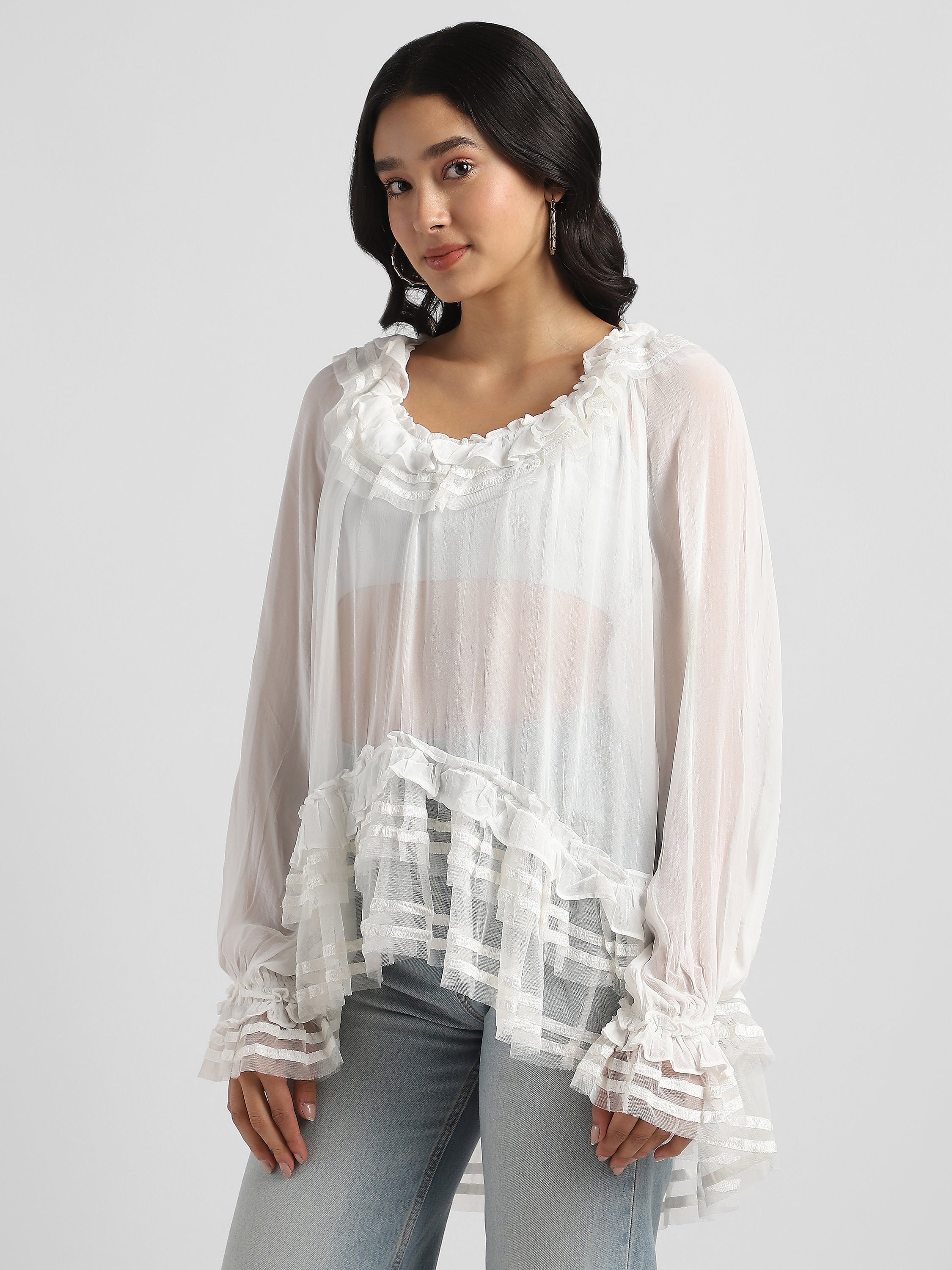 Women White Frilled high low hem top