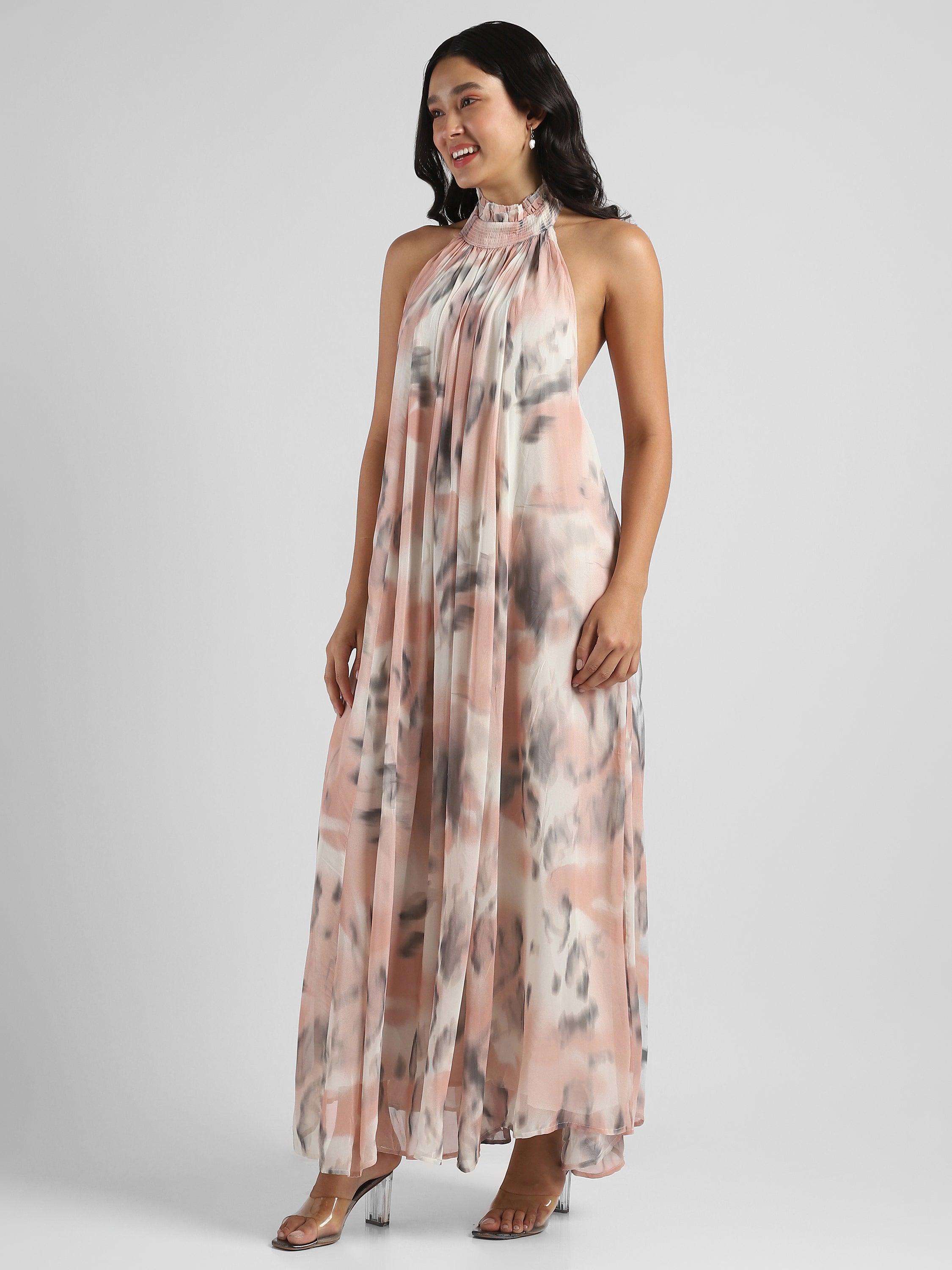 Women printed Backless maxi Flared dress