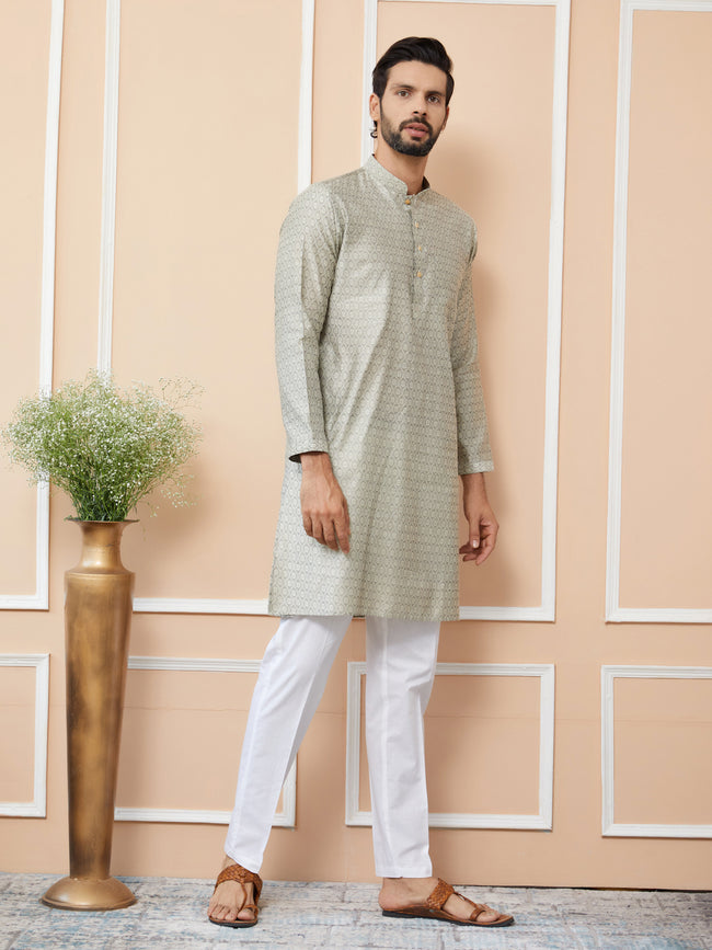 Men Cream Ethnic Motifs Silk Jacquard Woven Design Straight Kurta