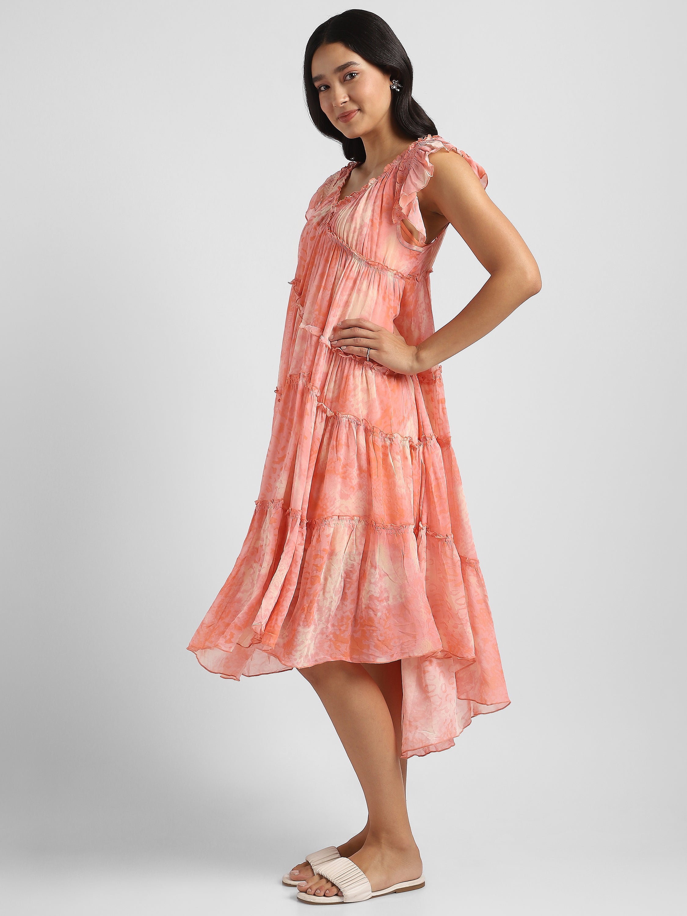 Women Pink Printed high low frilled dress