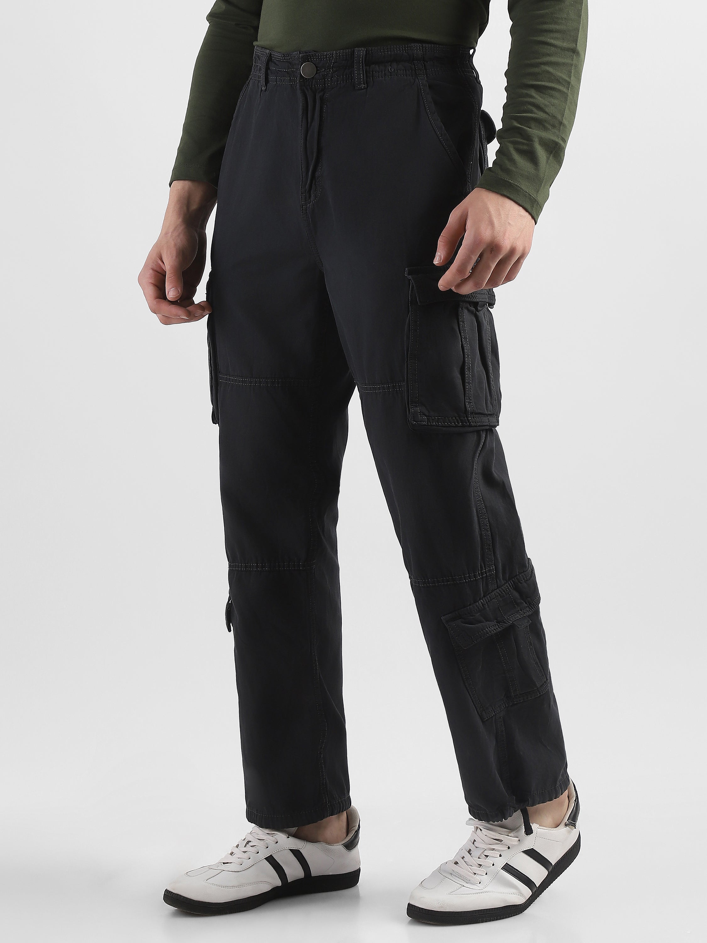 Men Black Cotton Blend Cargo Pants with 8 Pockets