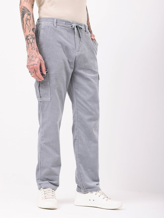 Men Grey Corduroy Regular Fit Cargo Pants