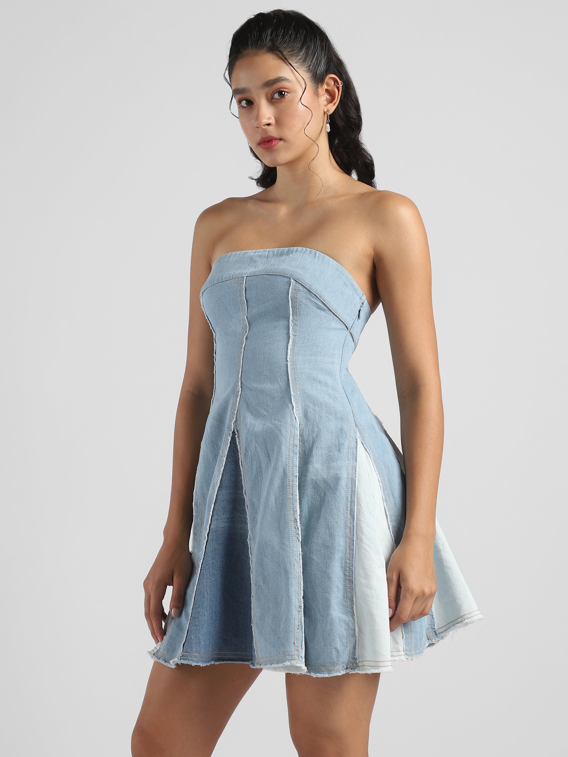 Women Blue Denim Off Shoulder Fit & Flare Dress