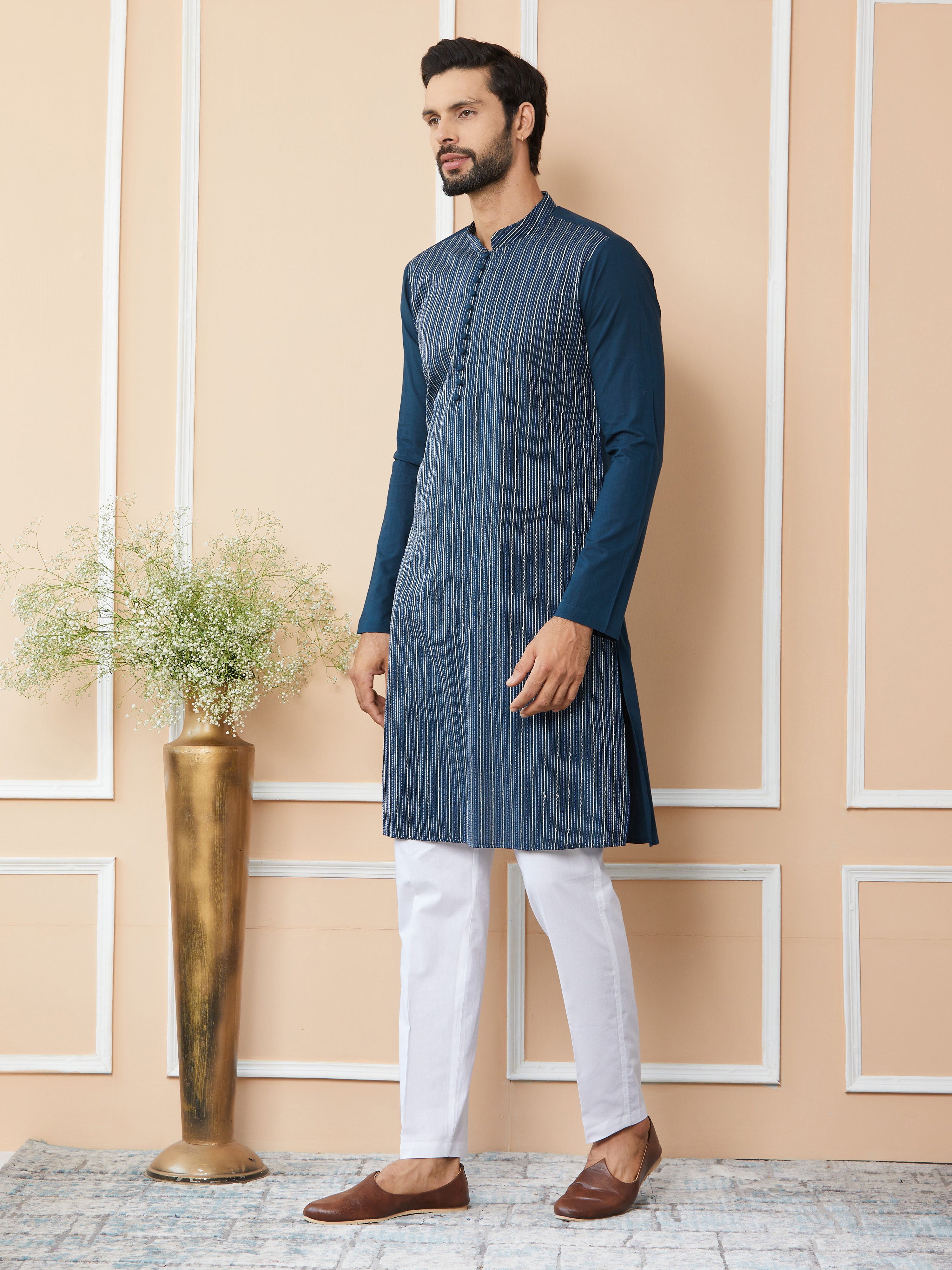 Men Dark Blue Thread & Sequin Worked Pure Cotton Straight Kurta
