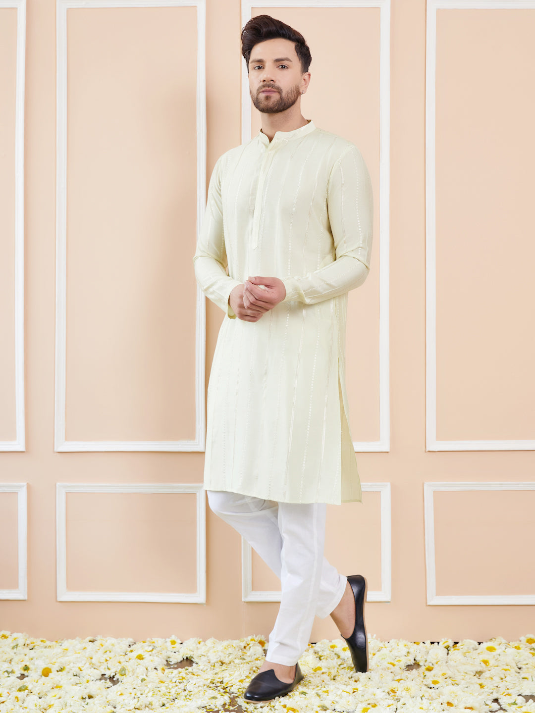 Men Cream And Gold Chanderi Silk Sequins Kurta