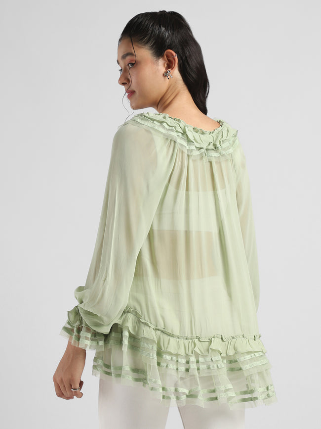 Women Green Frilled high low hem top