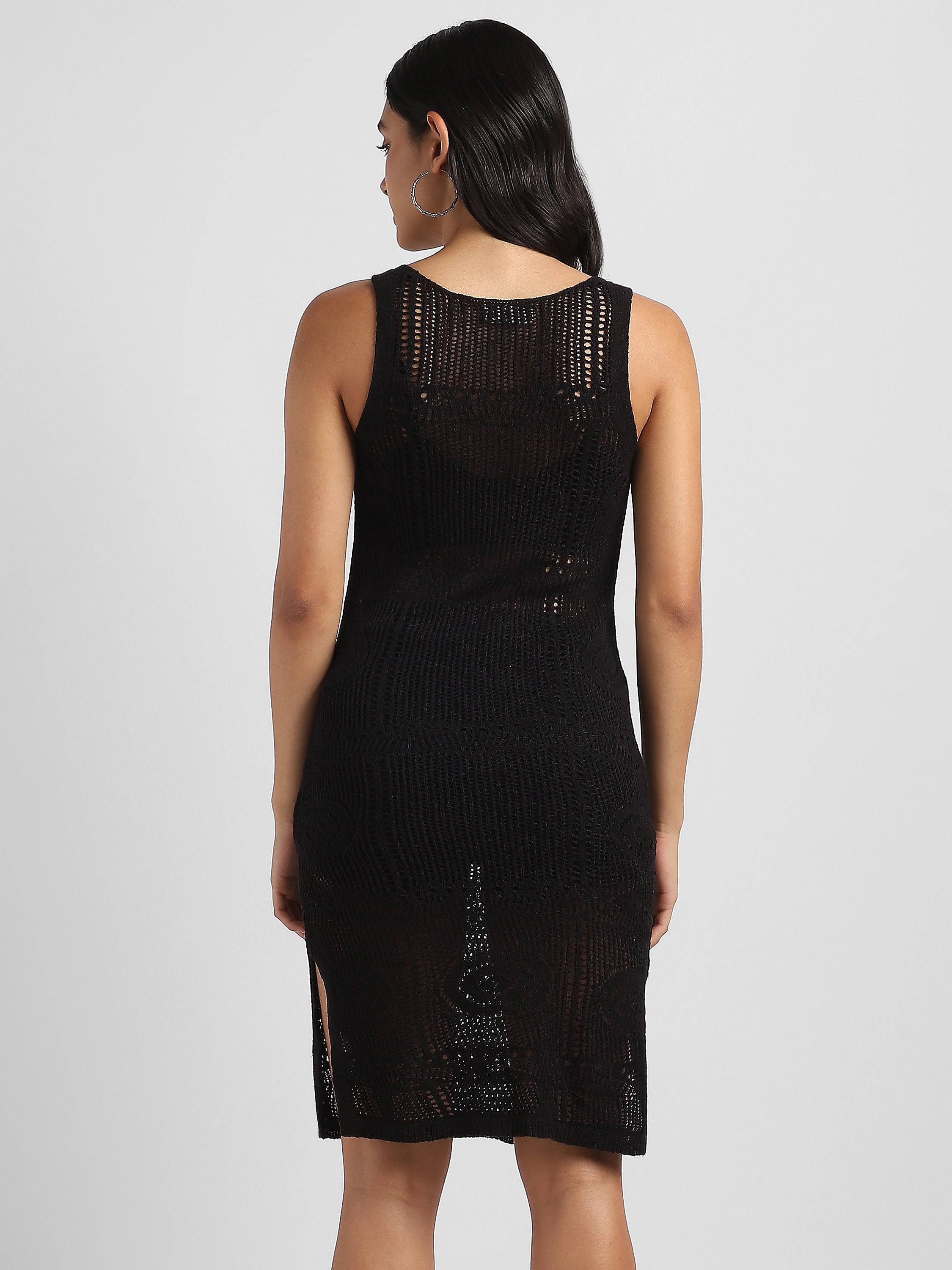 Women Black Crochet Bodycon Dress