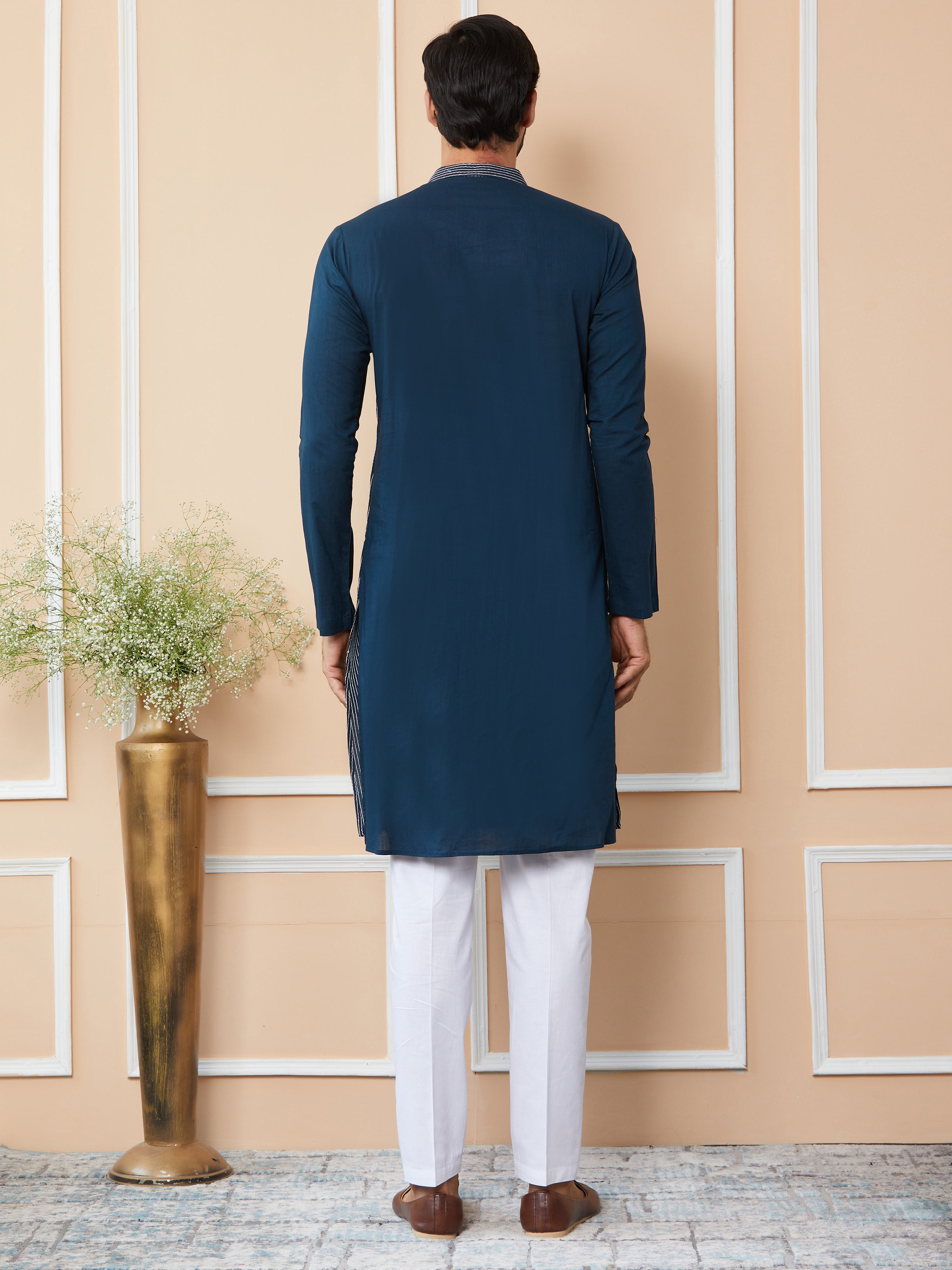 Men Dark Blue Thread & Sequin Worked Pure Cotton Straight Kurta