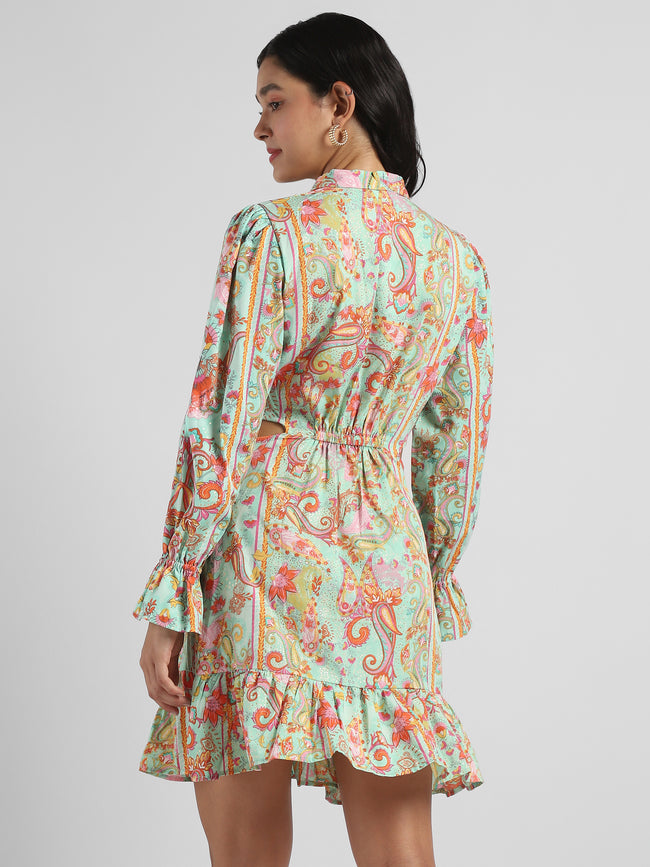 Women Pistachio Green Printed Fit & Flare dress with waist cut out